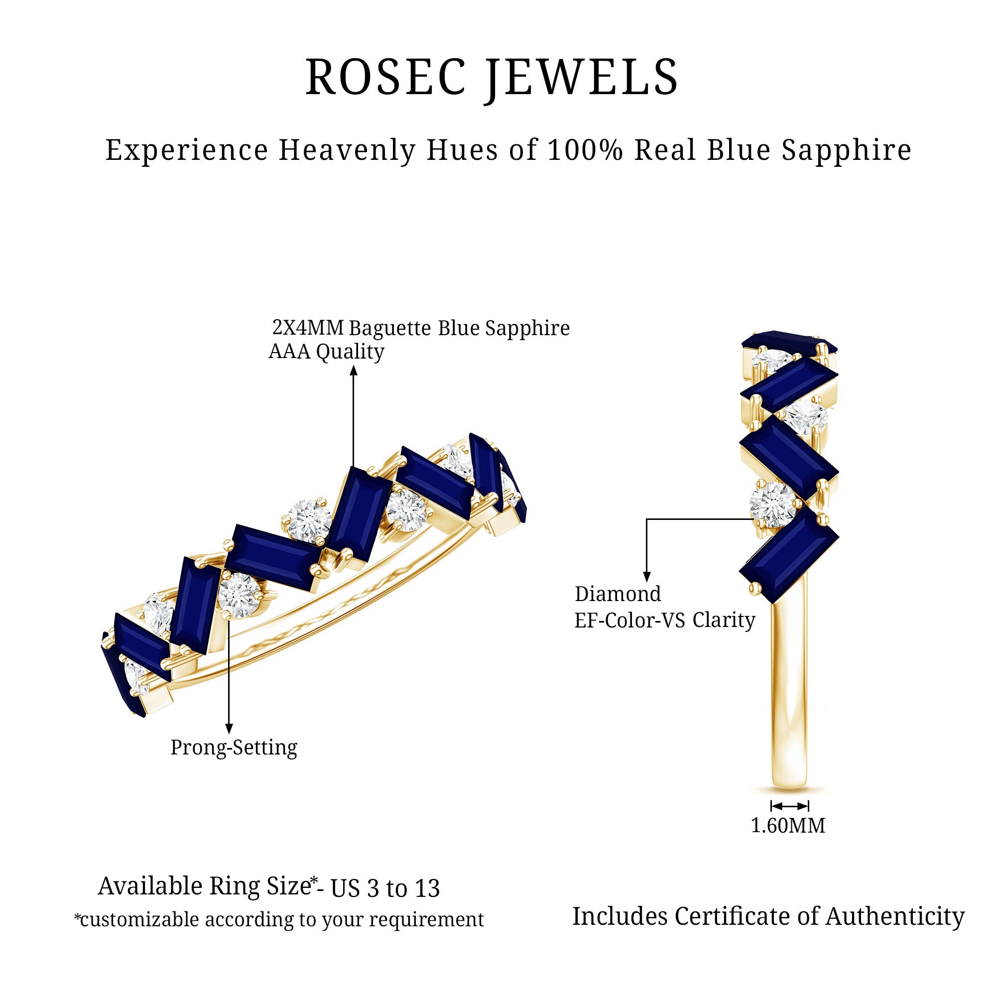 Certified Real Baguette Blue Sapphire Half Eternity Ring with Diamond AAA - Rosec Jewels