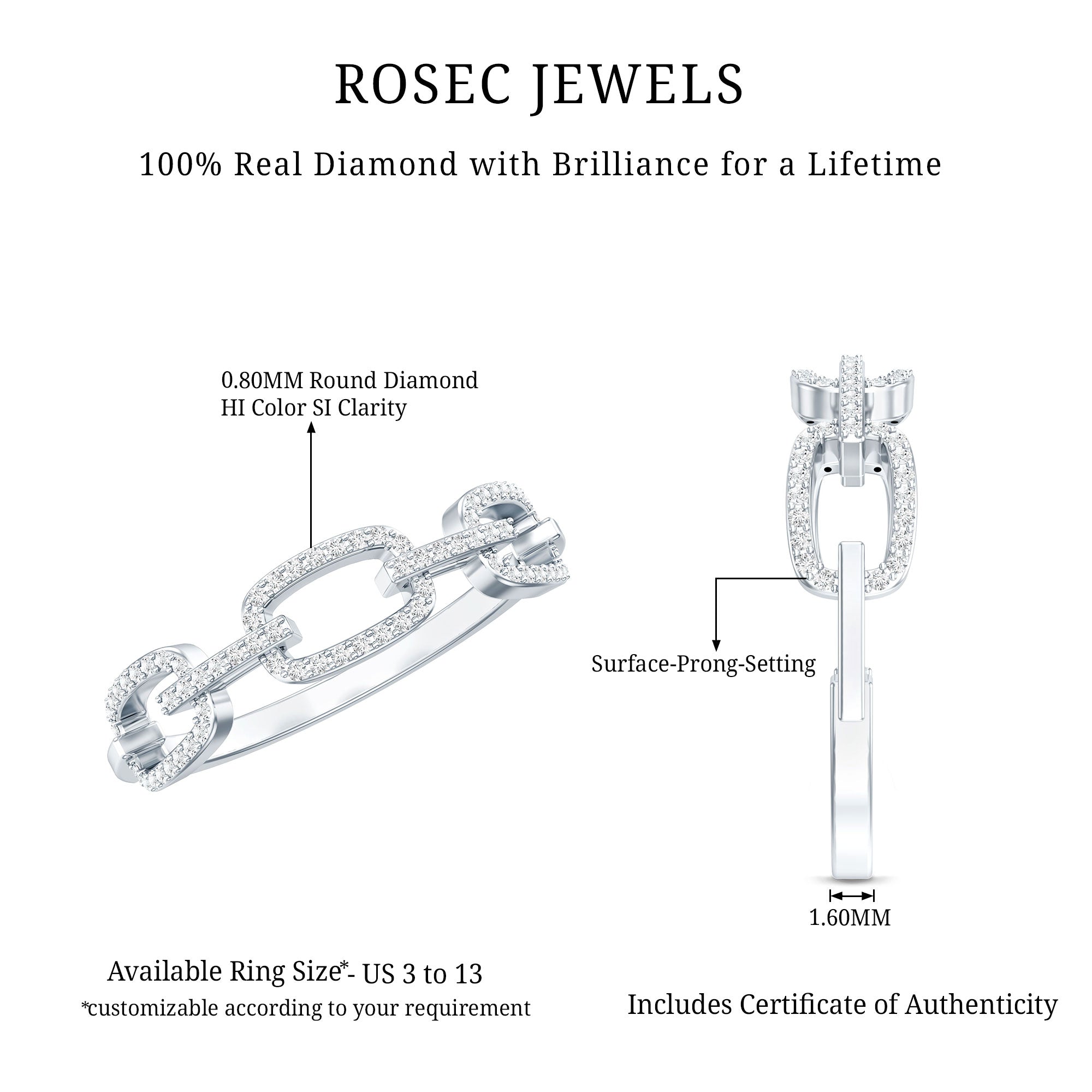 Certified Diamond Chain Link Ring in Prong Setting Natural - ( HI-SI ) - Rosec Jewels