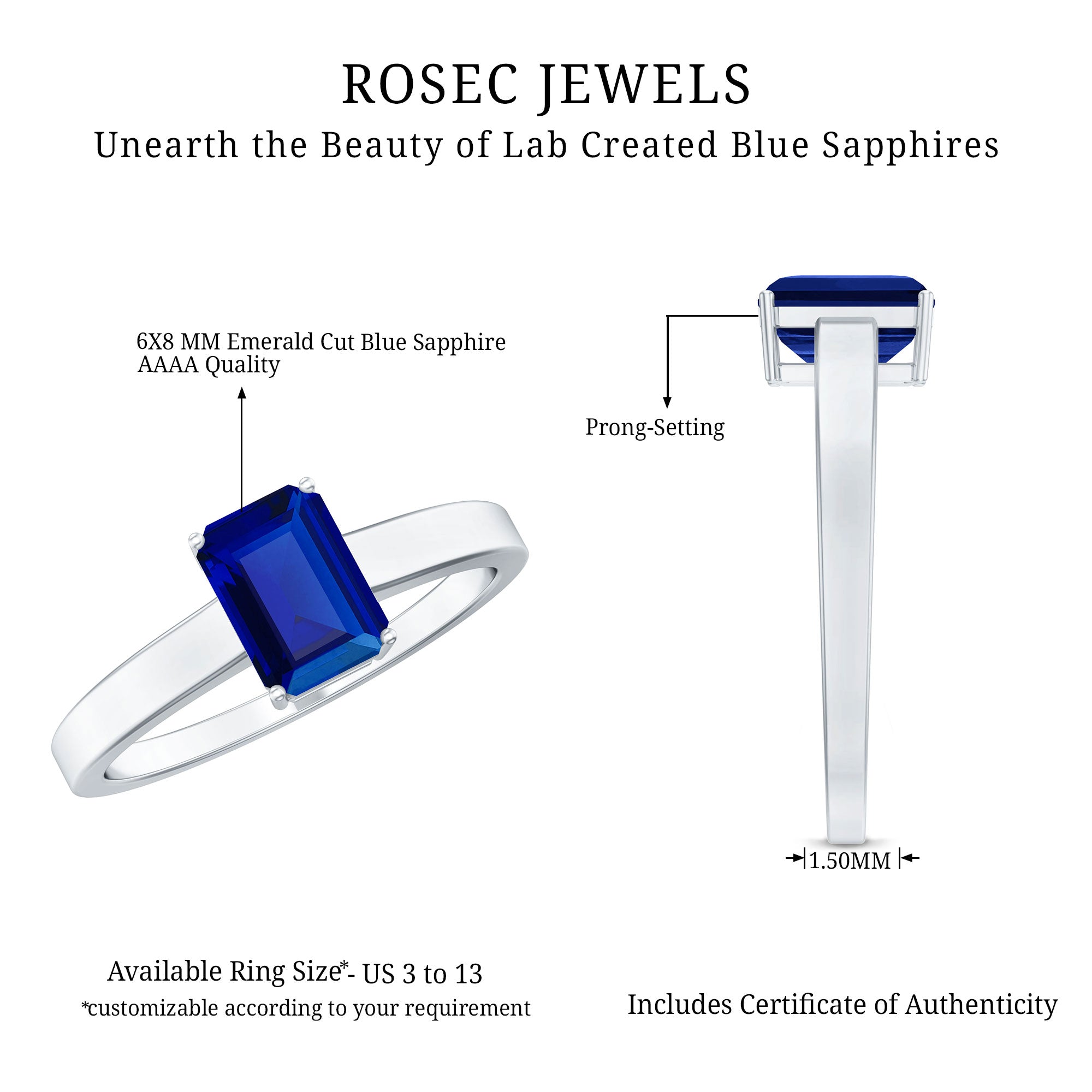 6X8 mm Emerald Cut Lab Created Blue Sapphire Solitaire Engagement Ring AAAA - Rosec Jewels