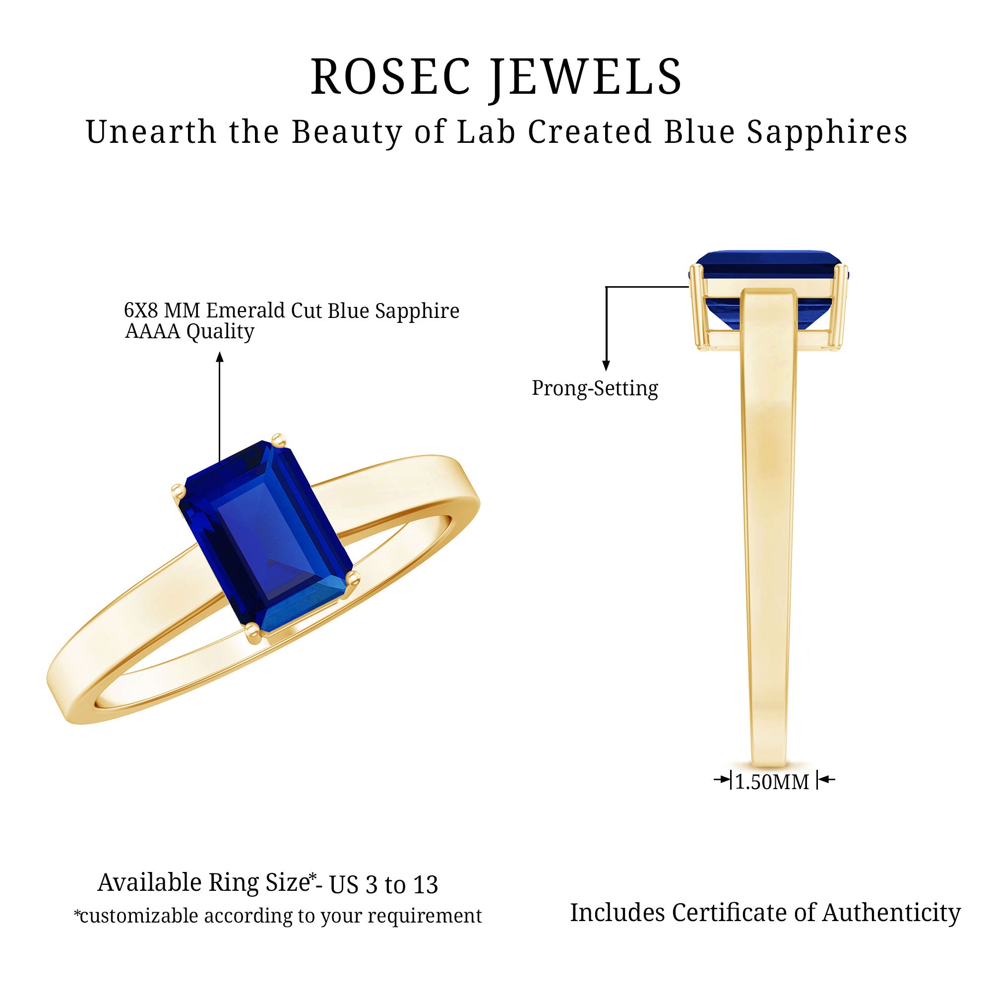 6X8 mm Emerald Cut Lab Created Blue Sapphire Solitaire Engagement Ring AAAA - Rosec Jewels