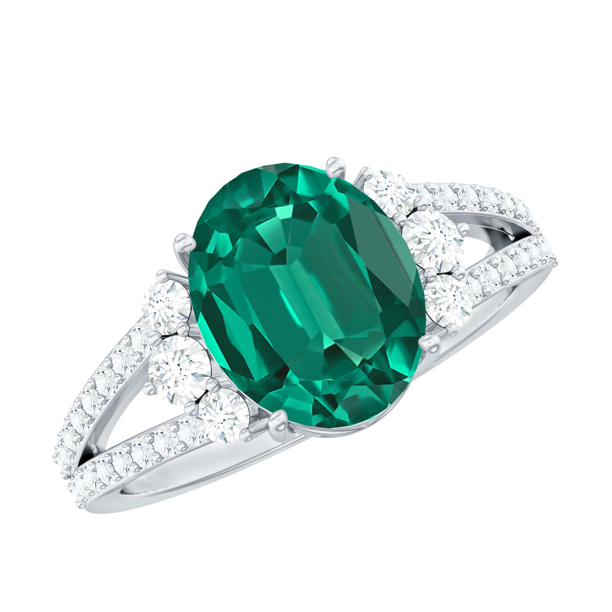 Certified 8X10 mm Oval Lab Grown Emerald Split Shank Engagement Ring