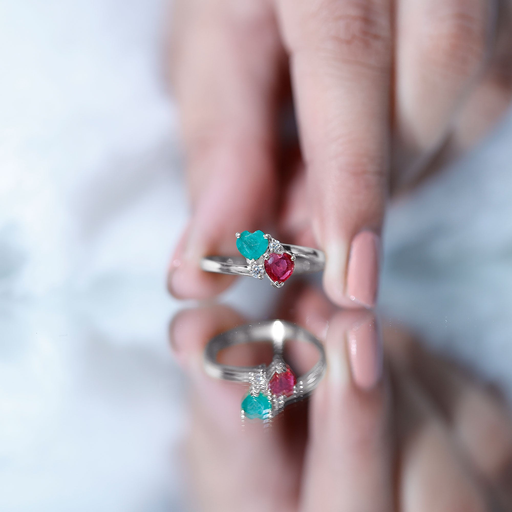 Rosec Jewels-Heart Shaped Ruby Emerald Two Stone Engagement Ring