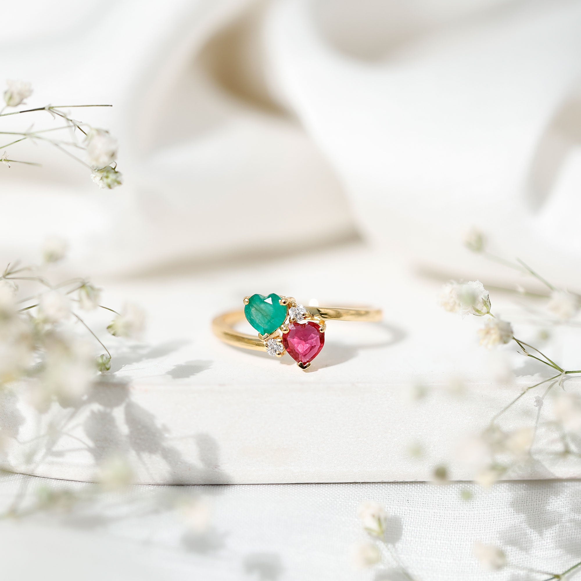 Rosec Jewels-Heart Shaped Ruby Emerald Two Stone Engagement Ring