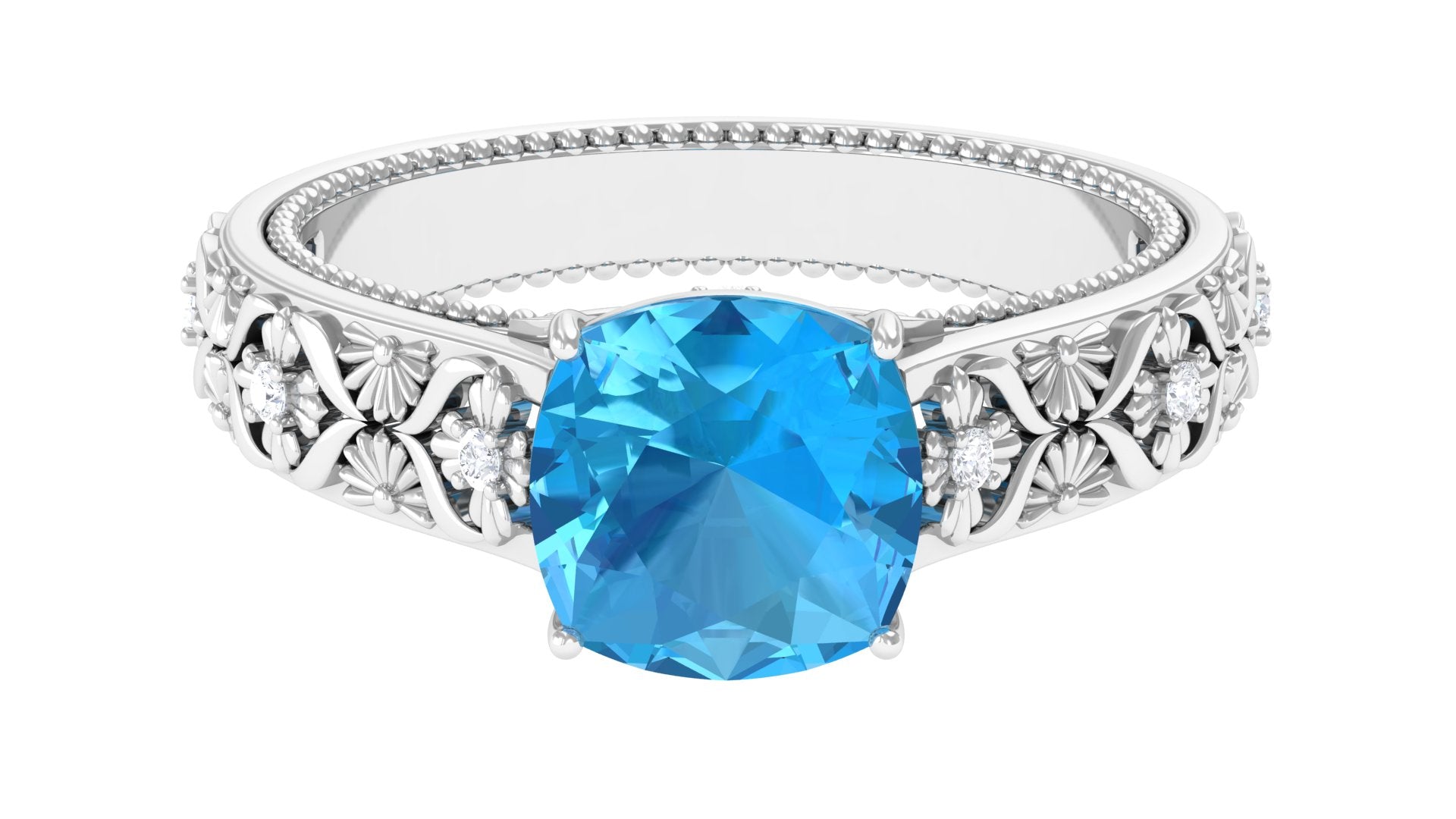Cushion Cut Swiss Blue Topaz Solitaire Ring with Diamond