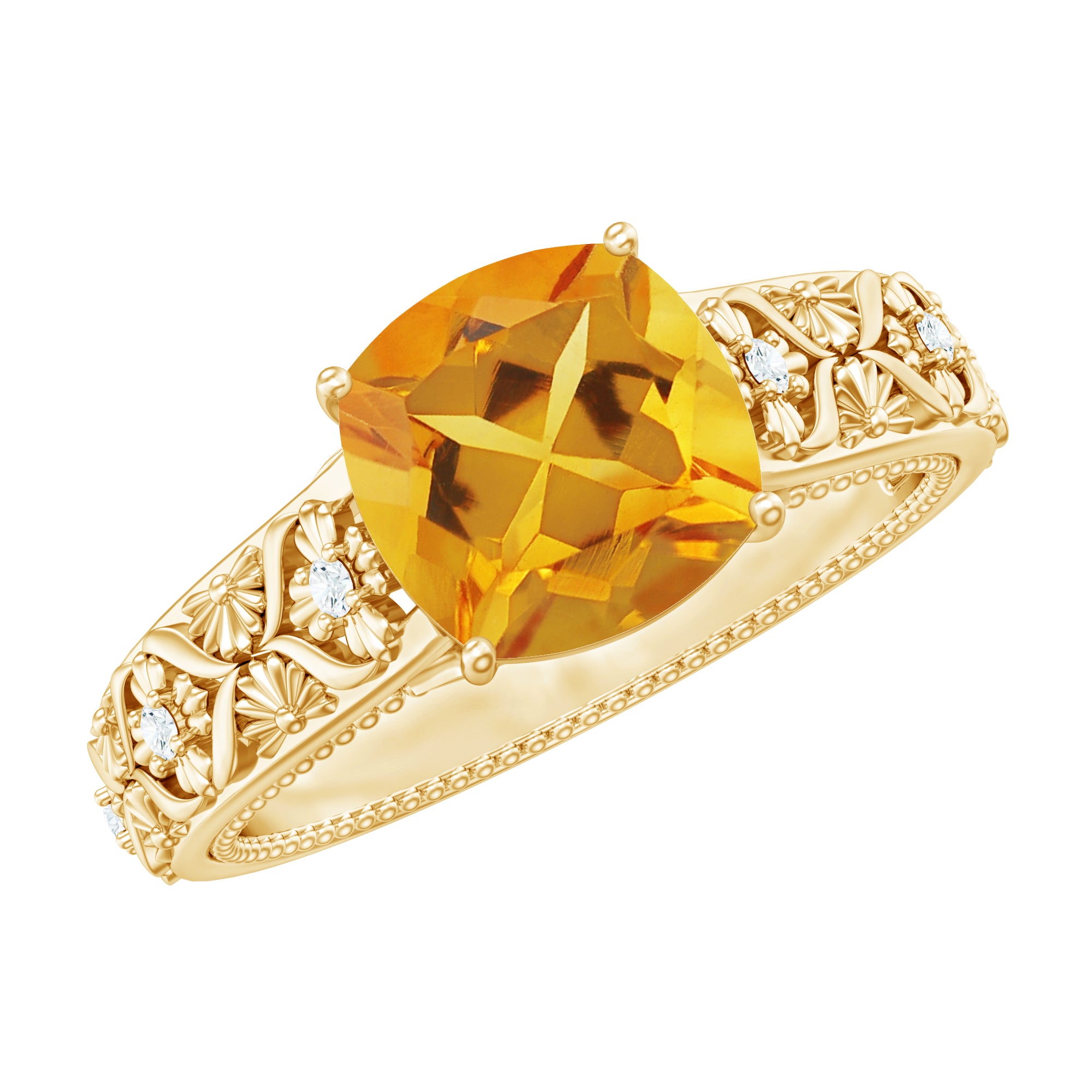 Vintage Style 8mm Citrine Cushion Cut Engagement Ring with Diamond AAA - Rosec Jewels