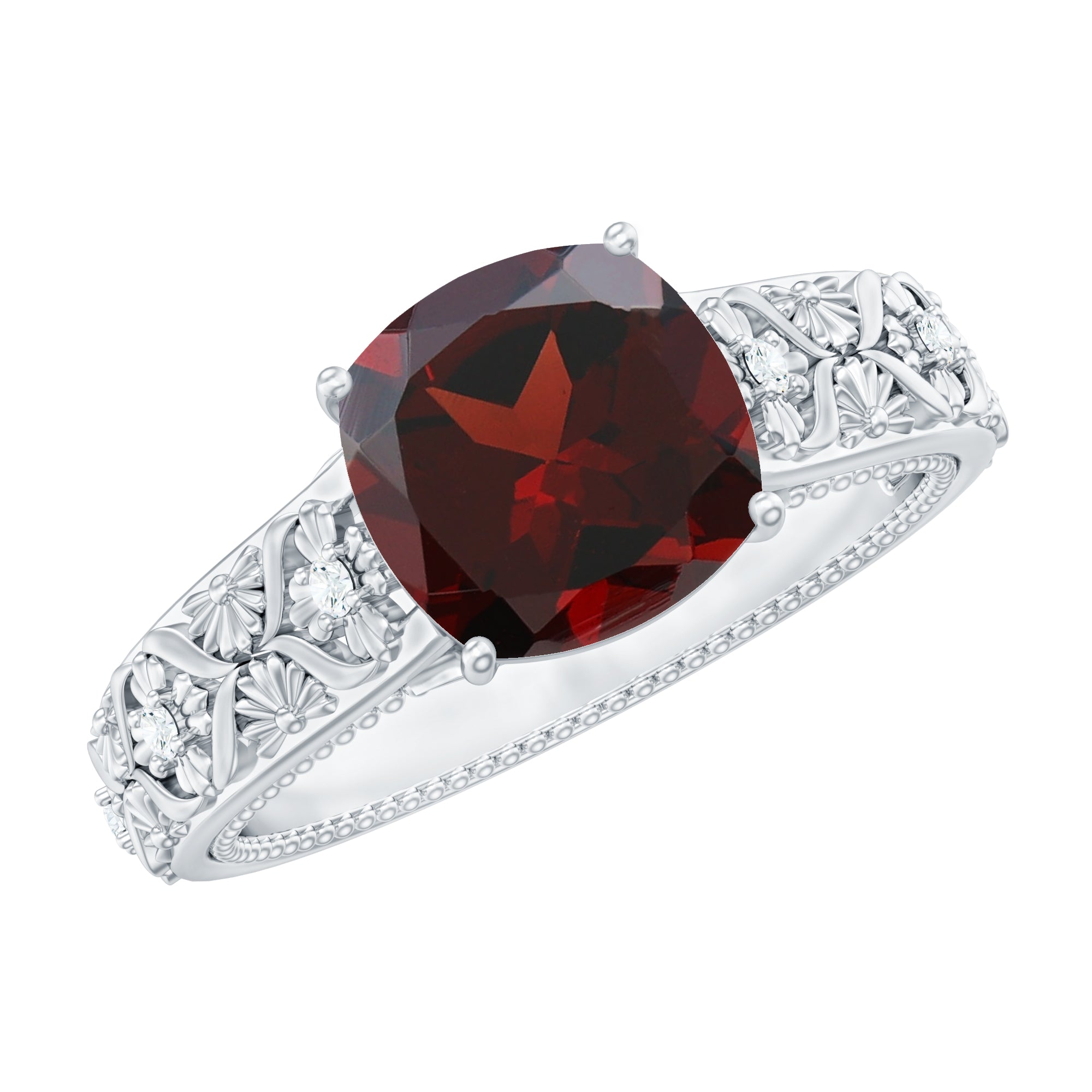 Nature Inspired 8mm Garnet Cushion Cut Engagement Ring with Diamond