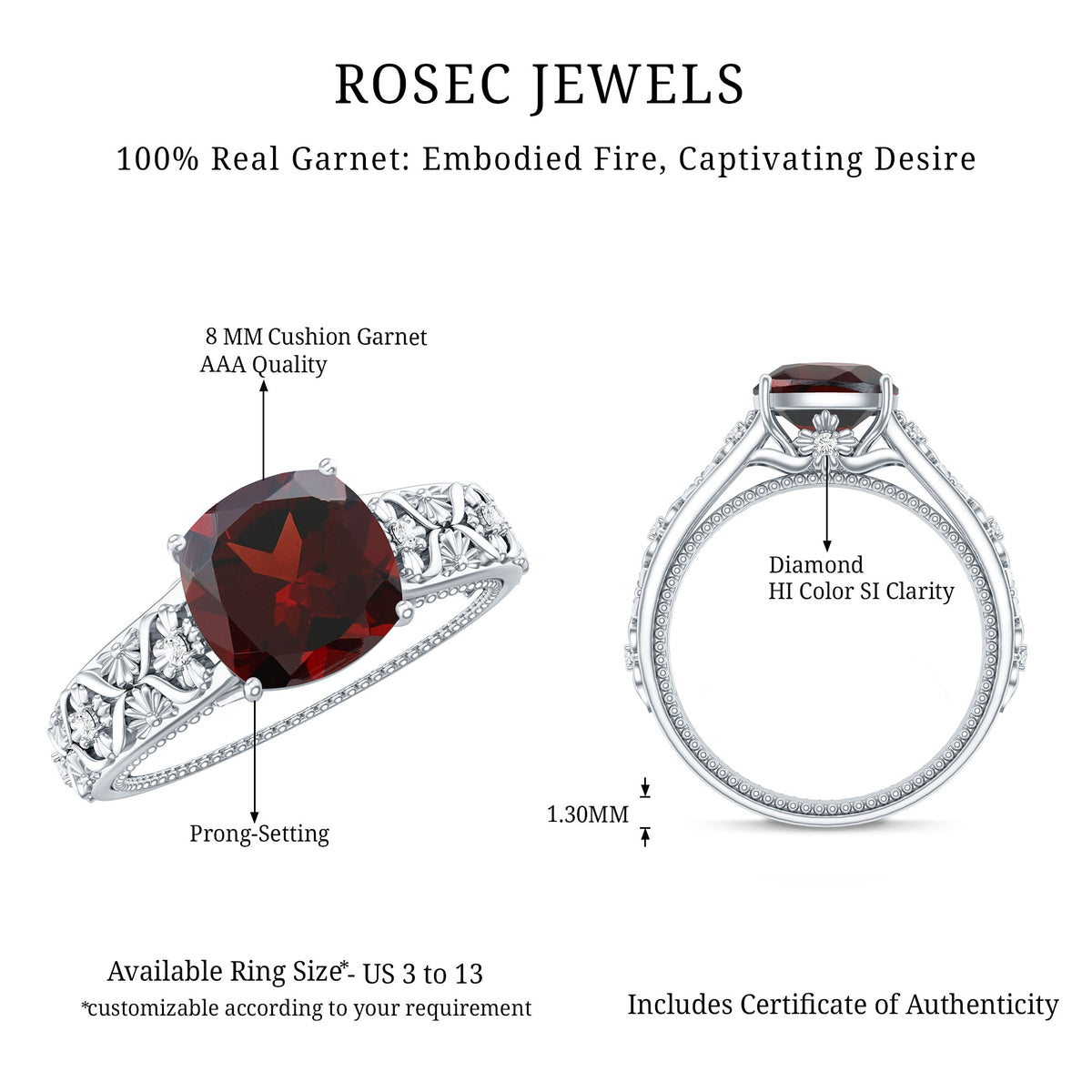 Nature Inspired 3.2 Carat Garnet Cushion Cut Engagement Ring with Diamond AAA - Rosec Jewels