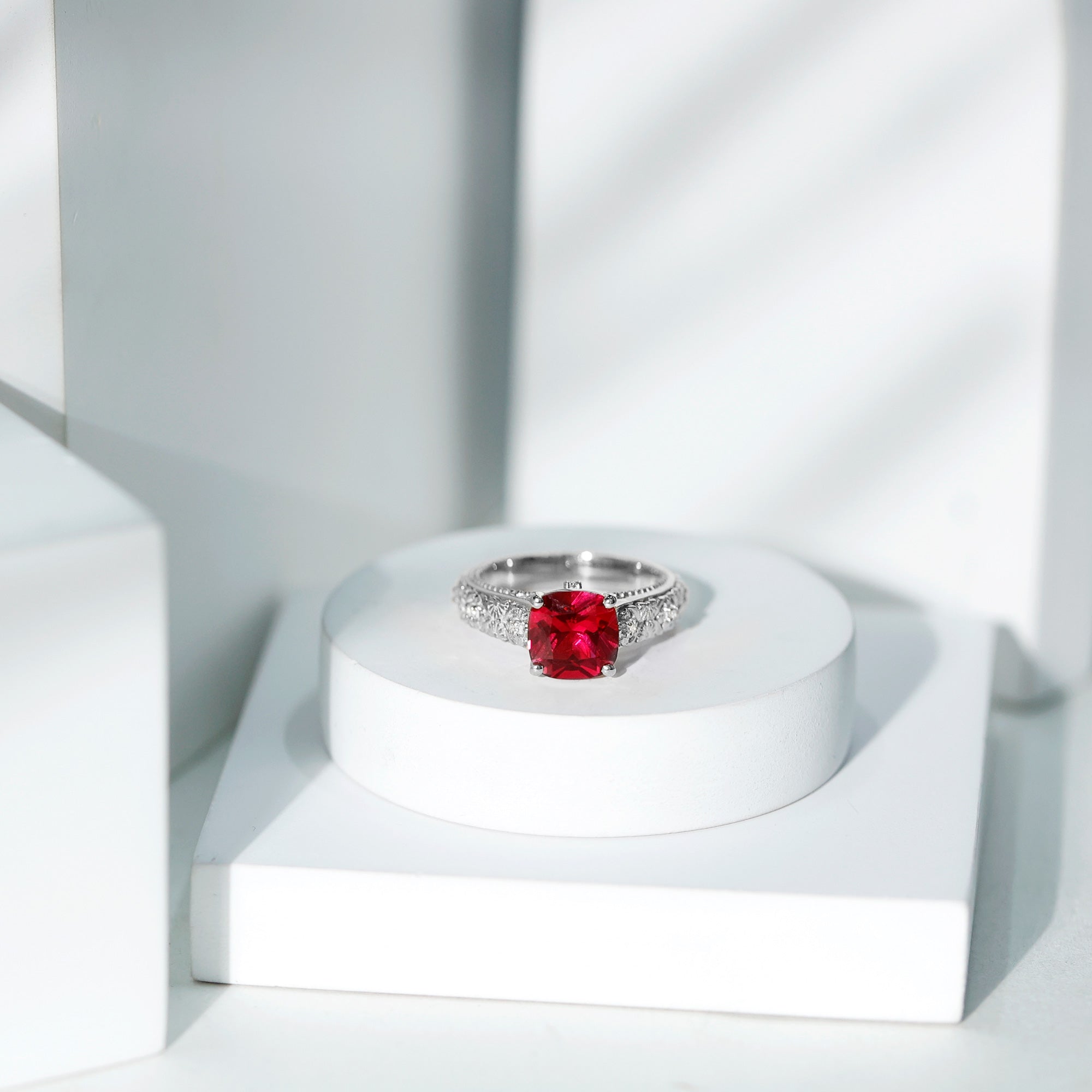 2 CT Cushion Cut Lab Created Ruby Solitaire Ring Lab Created Ruby - ( AAAA ) - Quality - Rosec Jewels
