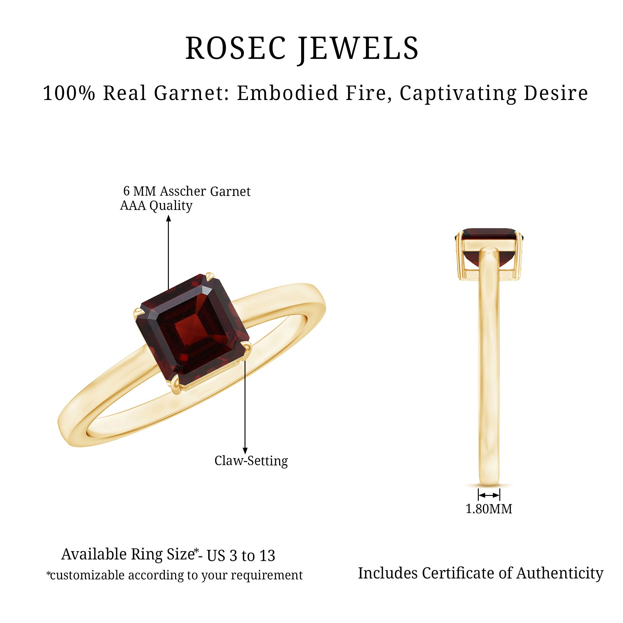 Rosec Jewels-Real 8mm Garnet Asscher Cut Engagement Ring with Certificate