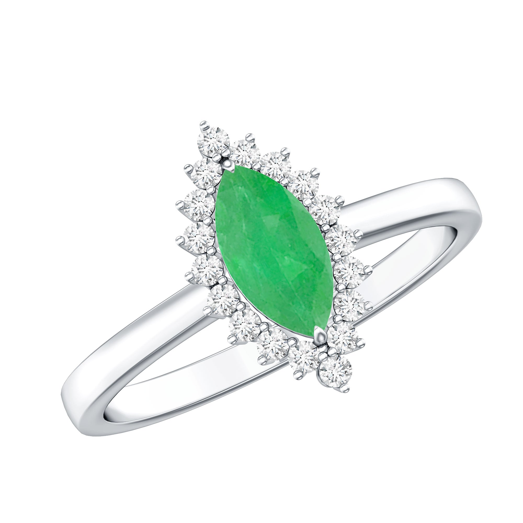Elongated Marquise Cut Emerald Engagement Ring with Diamond Halo AAA - Rosec Jewels
