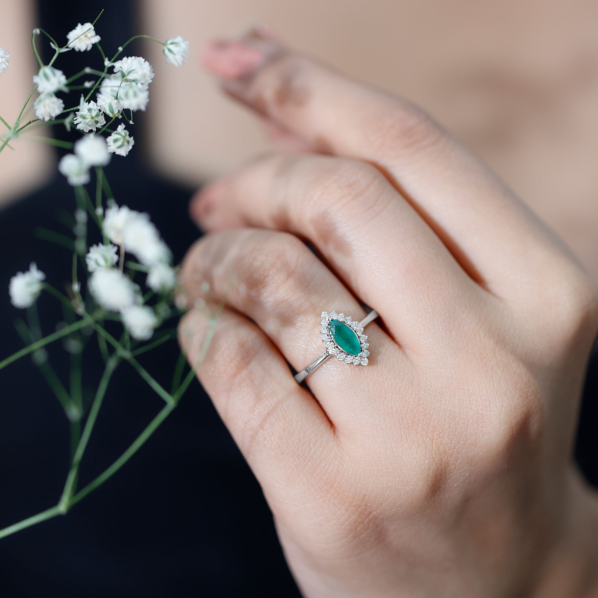 Elongated Marquise Cut Emerald Engagement Ring with Diamond Halo AAA - Rosec Jewels