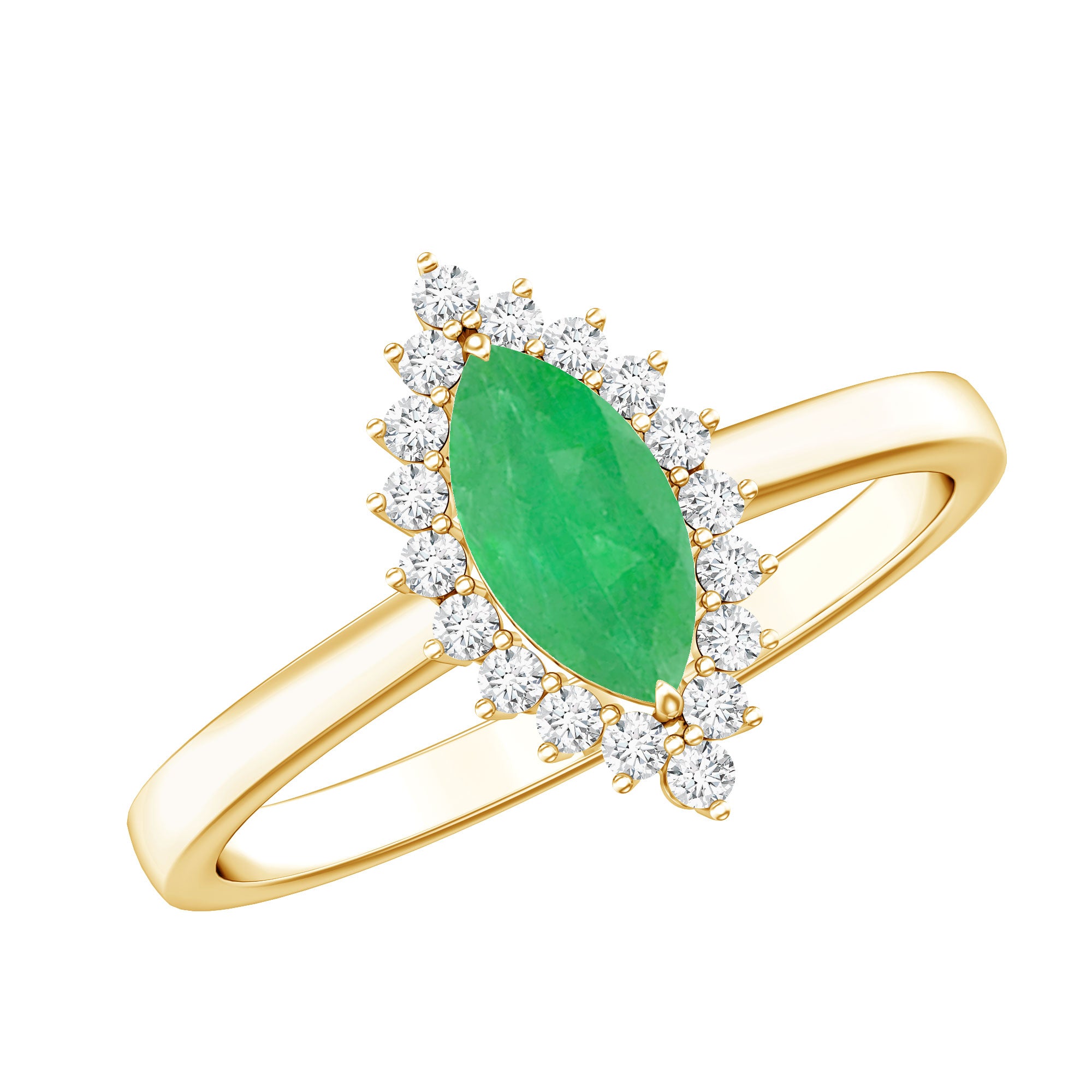 Elongated Marquise Cut Emerald Engagement Ring with Diamond Halo AAA - Rosec Jewels
