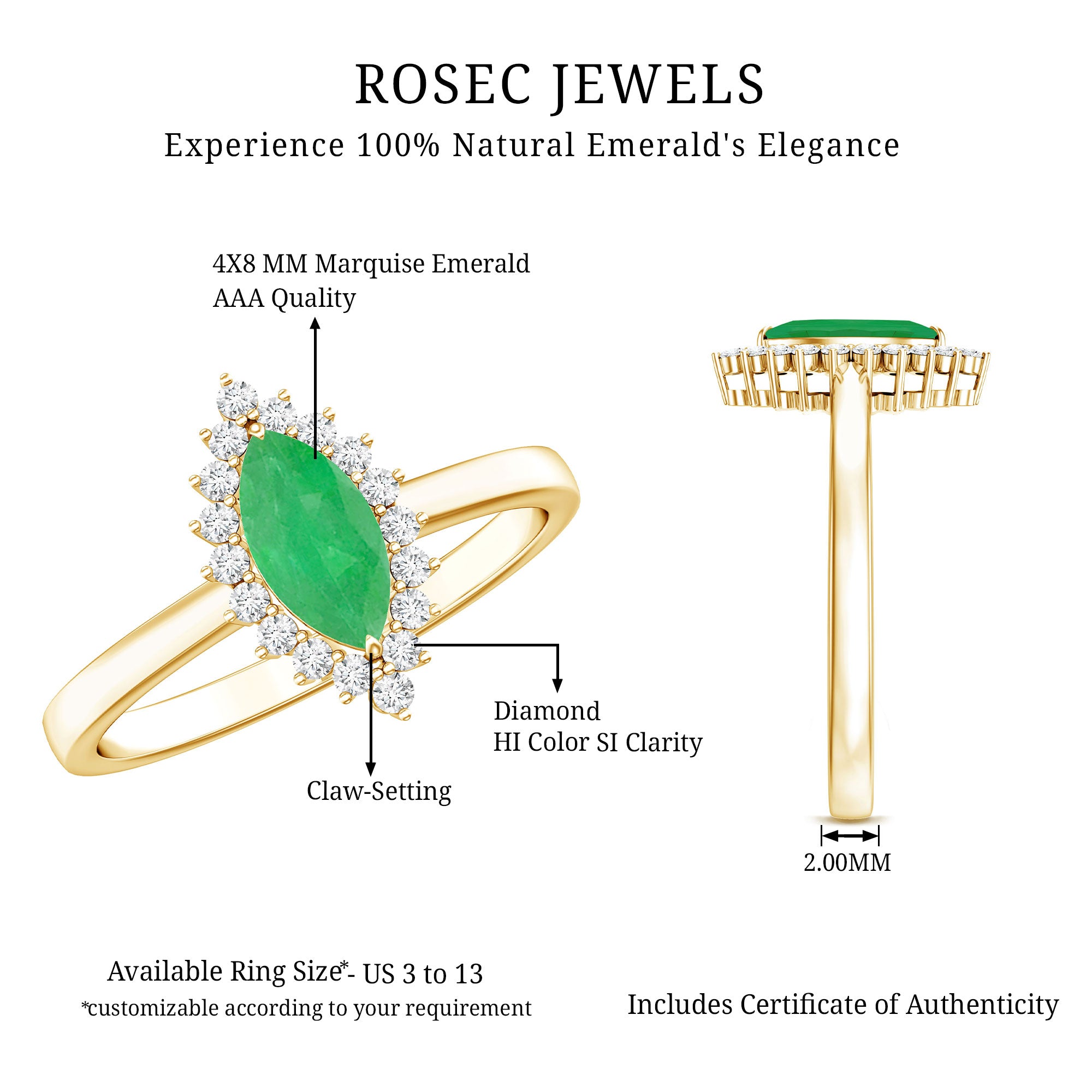 Elongated Marquise Cut Emerald Engagement Ring with Diamond Halo AAA - Rosec Jewels