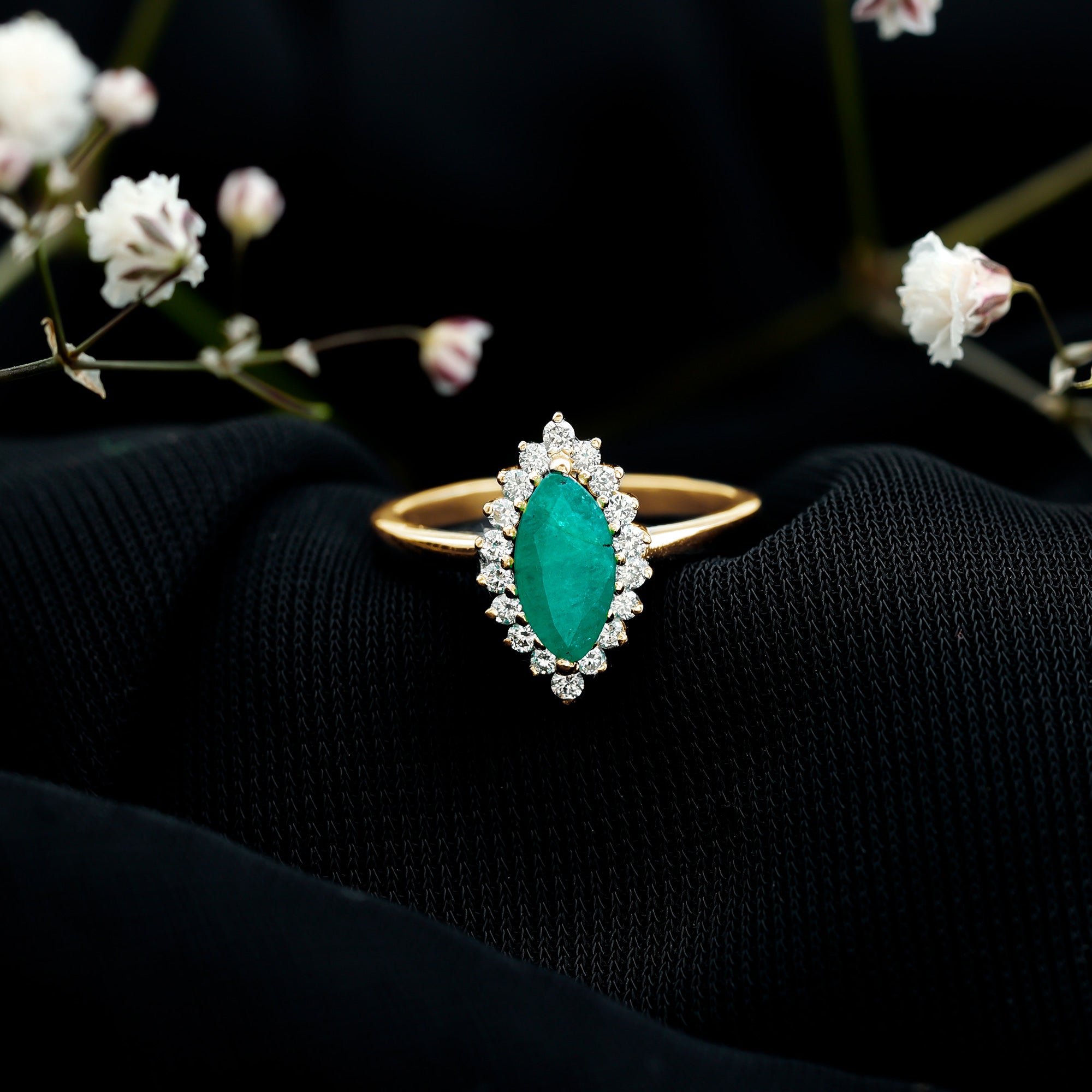 Elongated Marquise Cut Emerald Engagement Ring with Diamond Halo AAA - Rosec Jewels