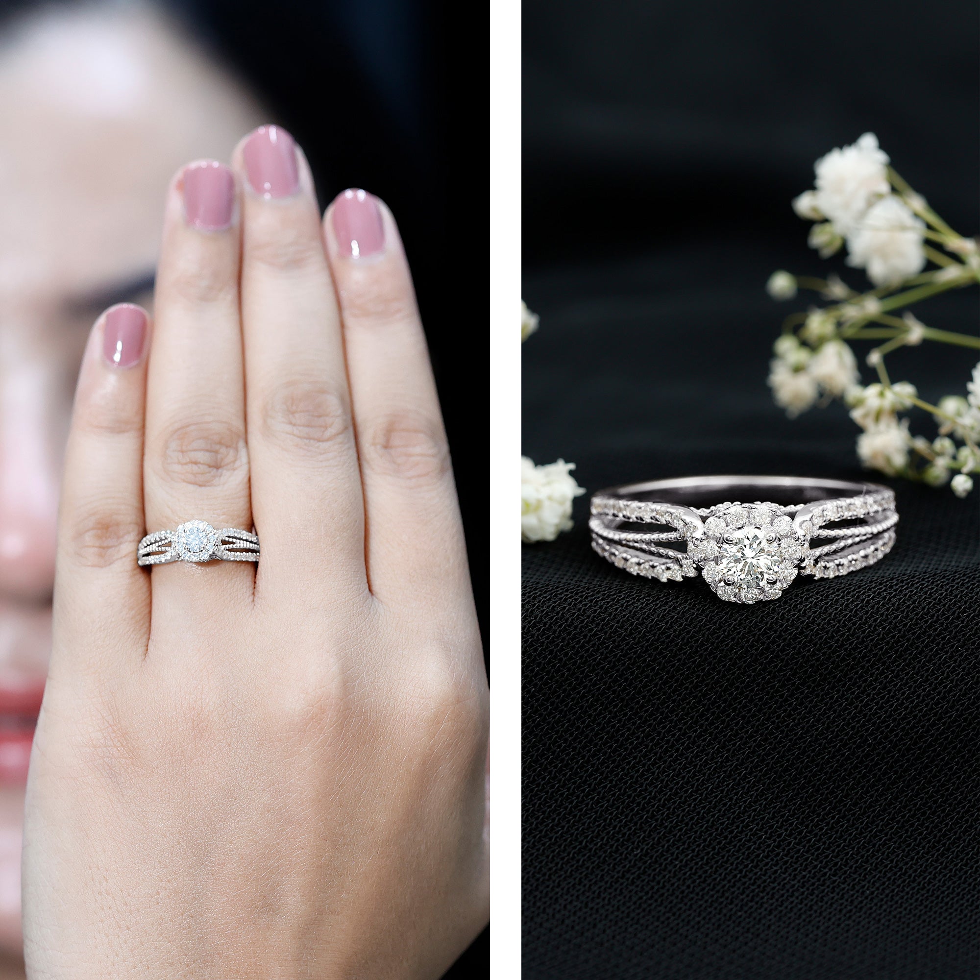 Real Diamond Designer Engagement Ring in Split Shank Natural - ( HI-SI ) - Rosec Jewels