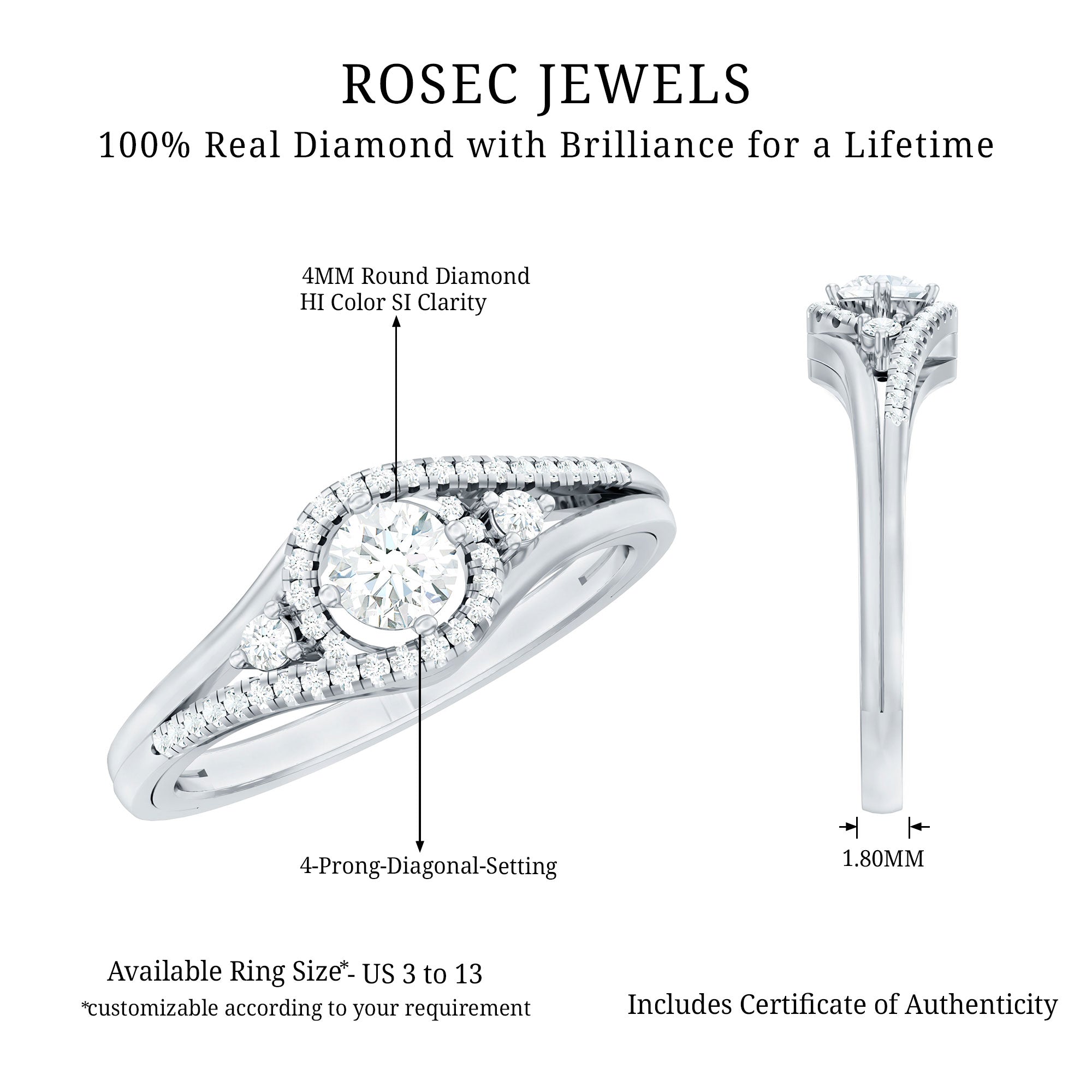 Certified Diamond Classic Engagement Ring in Split Shank Natural - ( HI-SI ) - Rosec Jewels