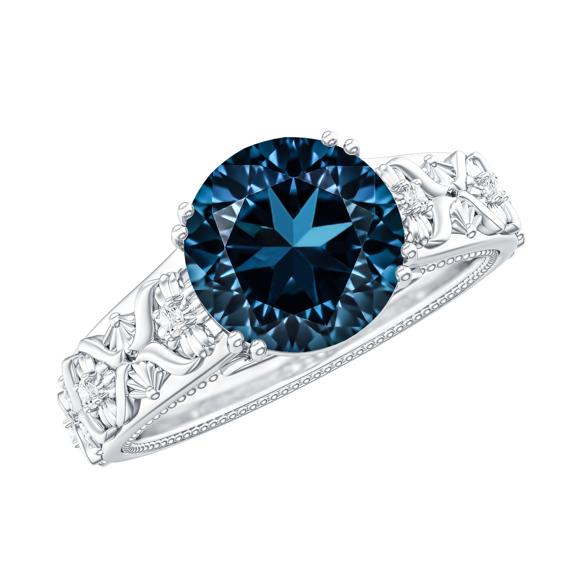 2 Carat Round London Blue Topaz Vintage Engagement Ring with Certificate AAA - Rosec Jewels