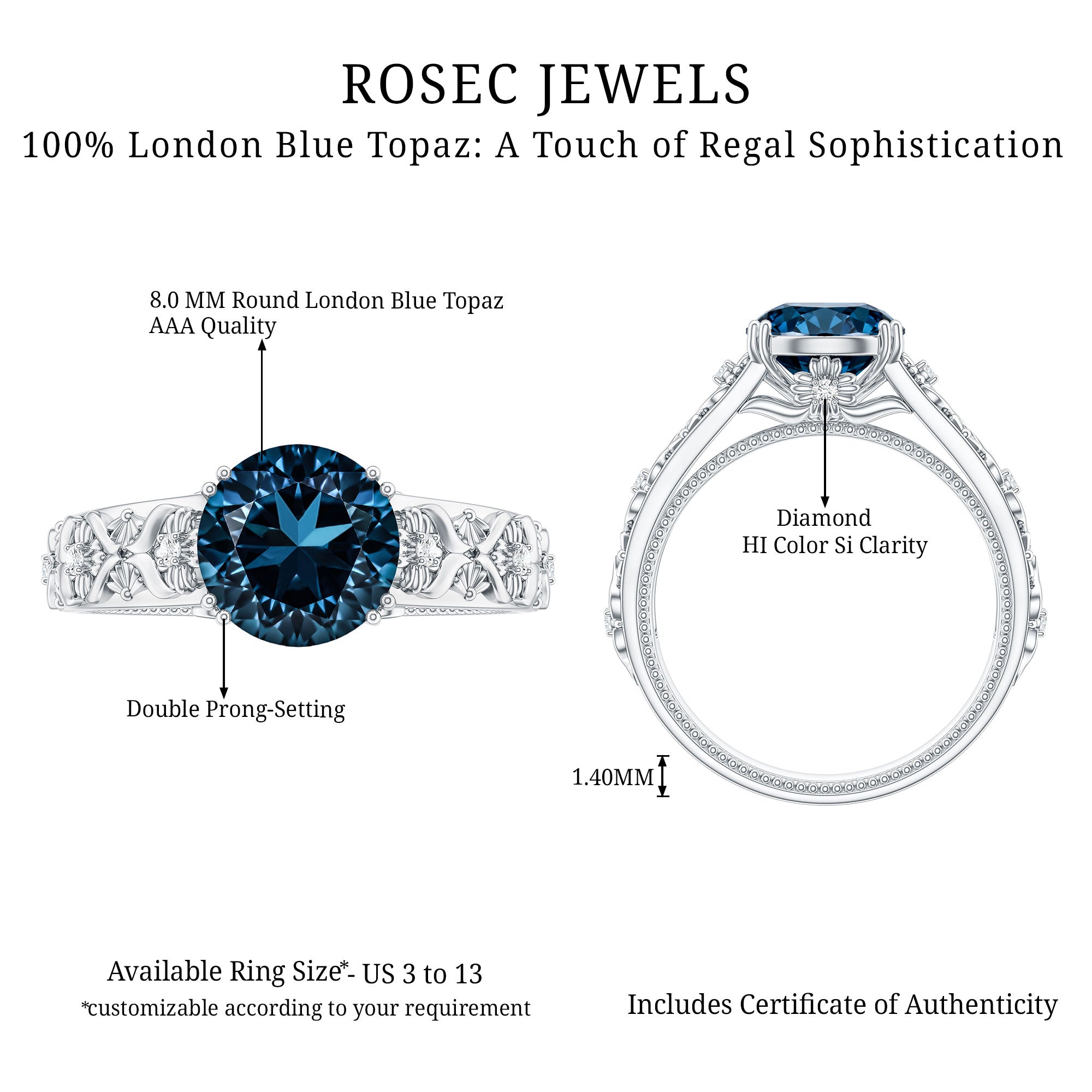 2 Carat Round London Blue Topaz Vintage Engagement Ring with Certificate AAA - Rosec Jewels