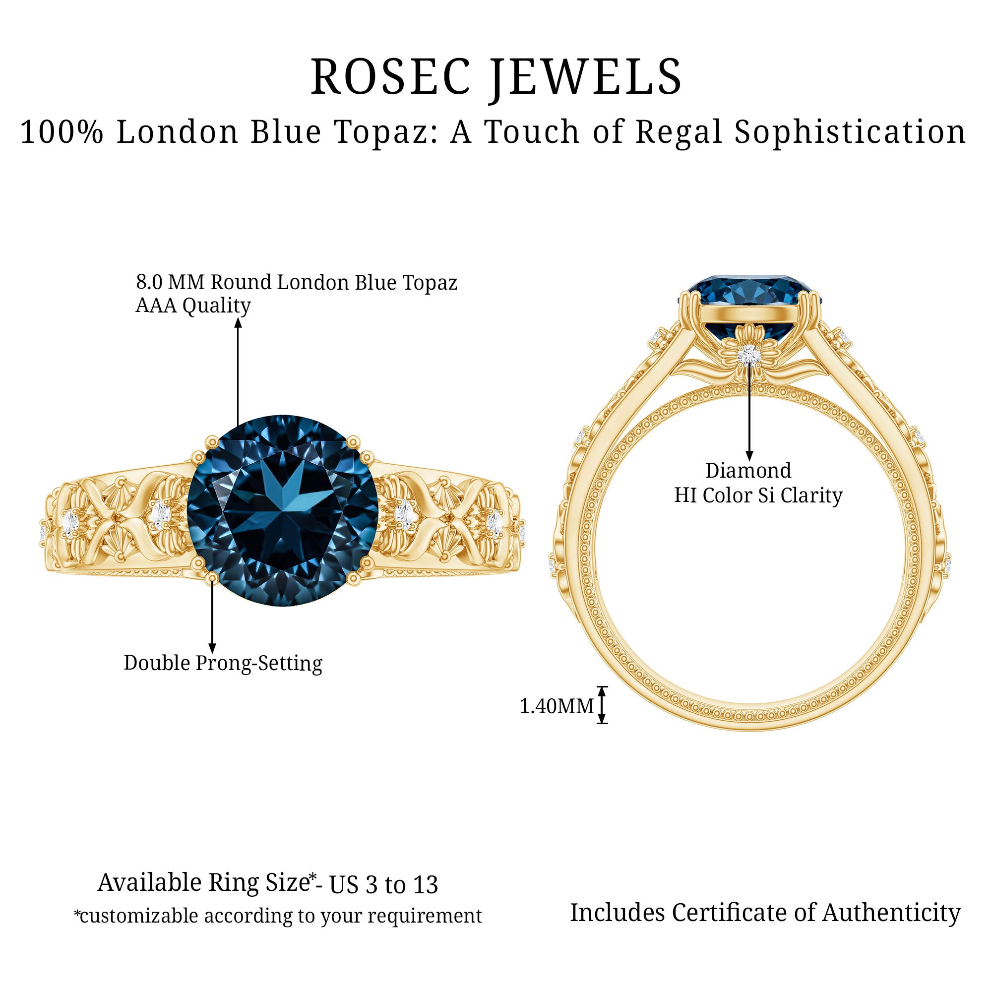 2 Carat Round London Blue Topaz Vintage Engagement Ring with Certificate AAA - Rosec Jewels