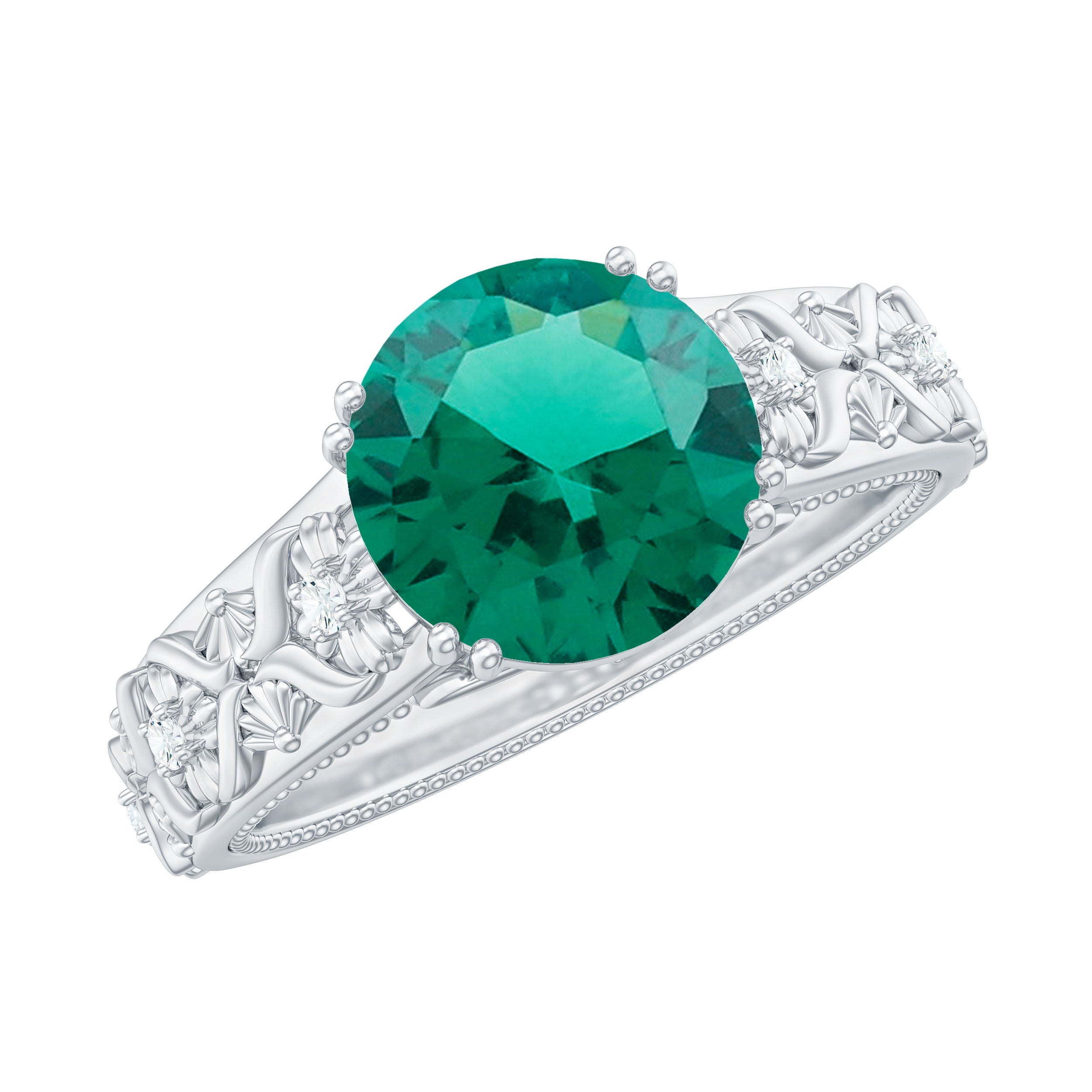 8 mm Round Lab Created Emerald Antique Looking Engagement Ring with Diamond