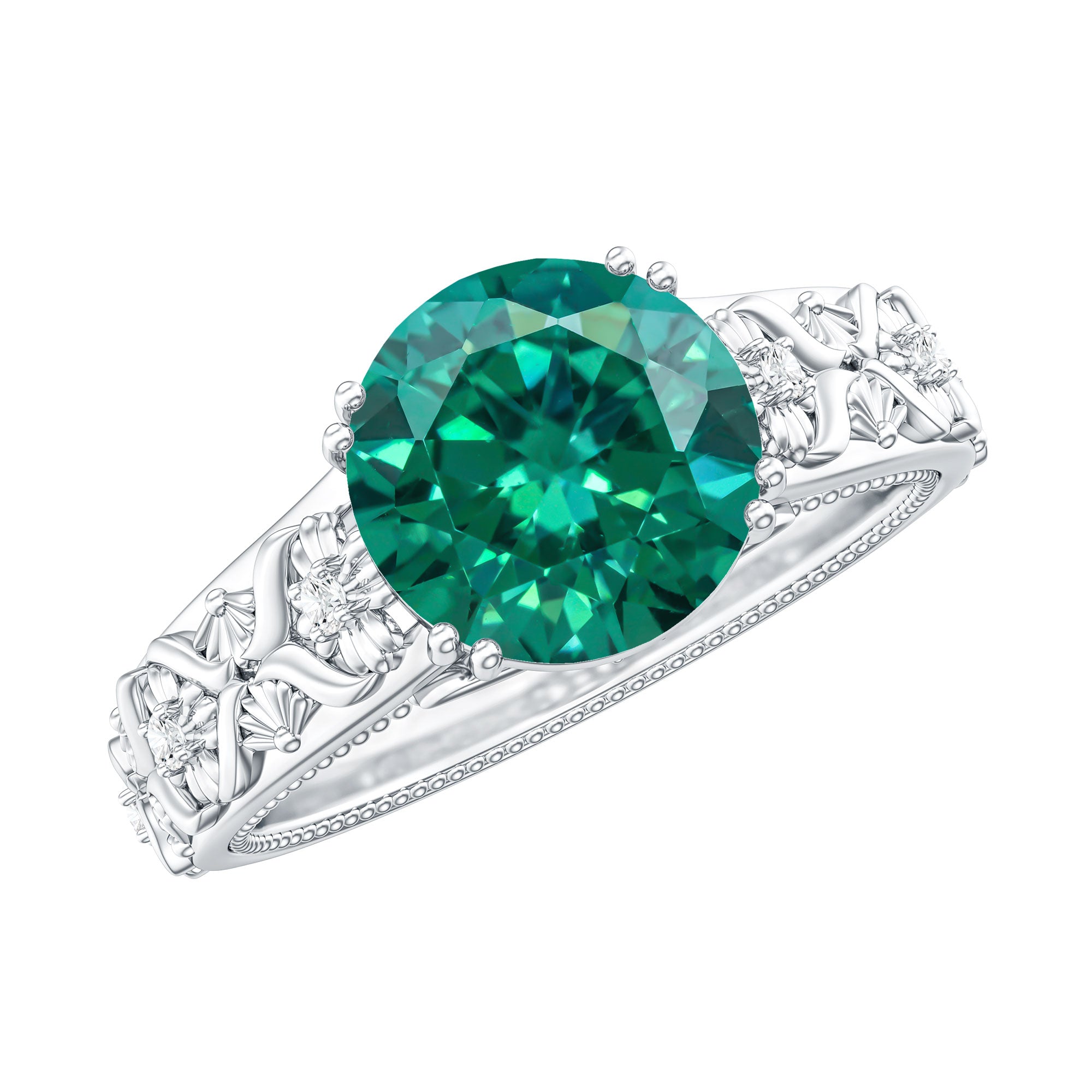 2 Carat Round Lab Created Emerald Antique Looking Engagement Ring with Diamond AAAA - Rosec Jewels