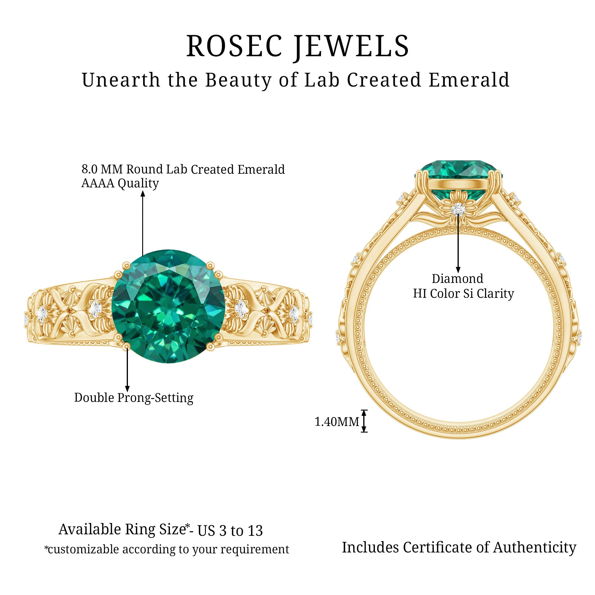 2 Carat Round Lab Created Emerald Antique Looking Engagement Ring with Diamond AAAA - Rosec Jewels