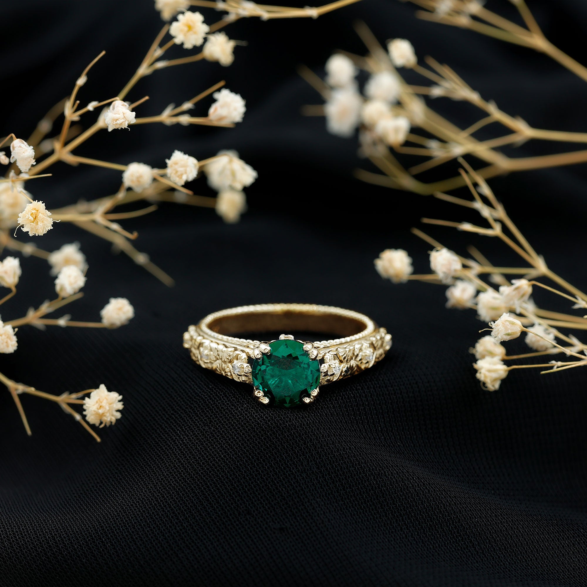 2 Carat Round Lab Created Emerald Antique Looking Engagement Ring with Diamond AAAA - Rosec Jewels