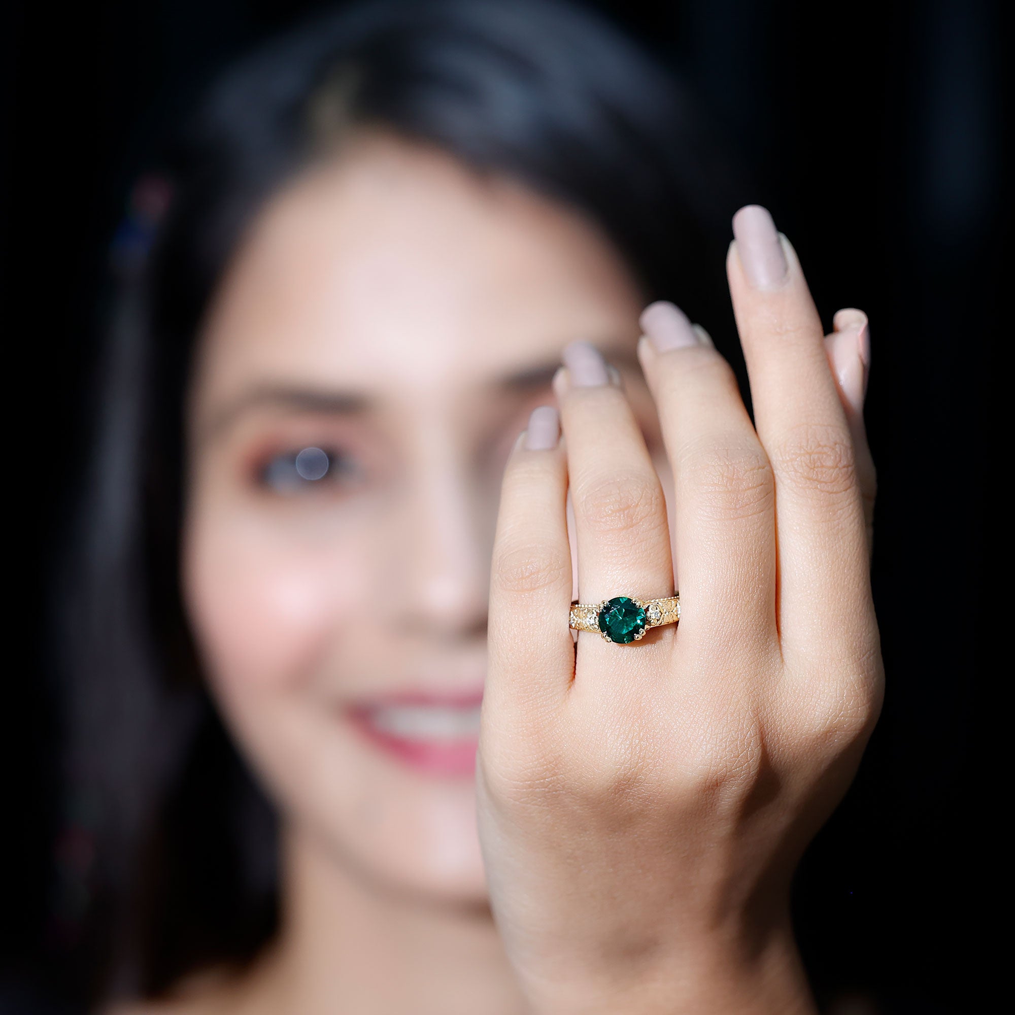 2 Carat Round Lab Created Emerald Antique Looking Engagement Ring with Diamond AAAA - Rosec Jewels