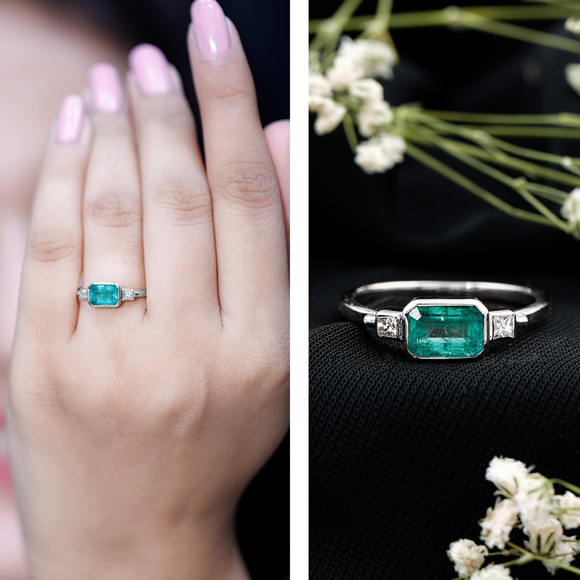 Octagon shape Emerald and Diamond East-West Promise Ring in Bezel Setting AAA - Rosec Jewels