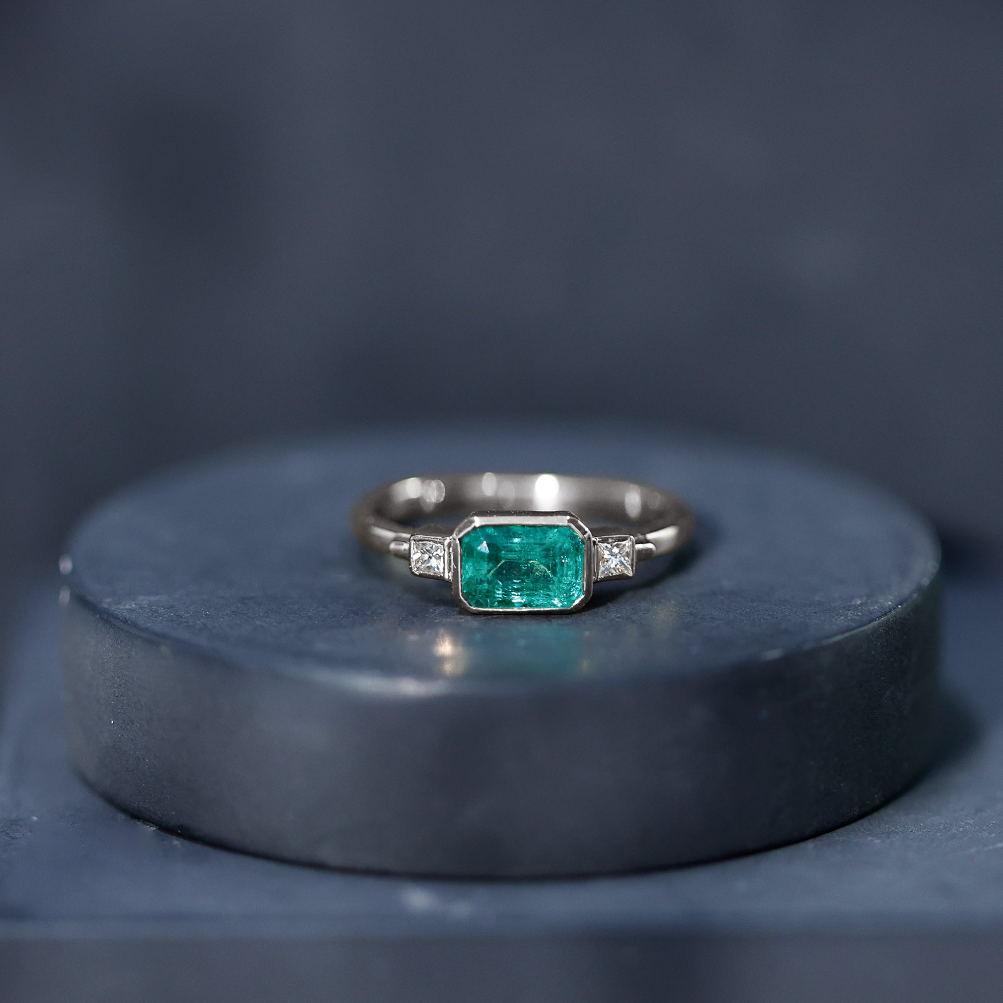 Octagon shape Emerald and Diamond East-West Promise Ring in Bezel Setting AAA - Rosec Jewels