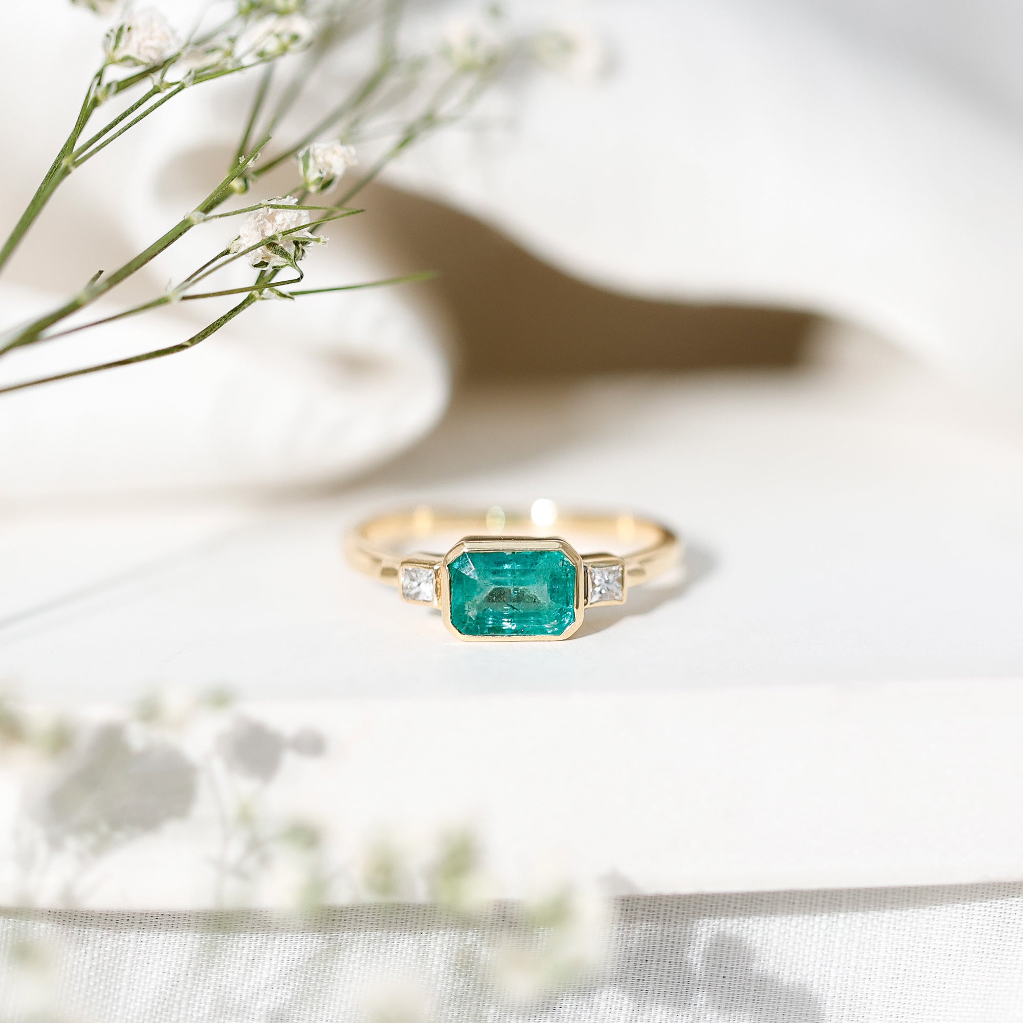 Octagon shape Emerald and Diamond East-West Promise Ring in Bezel Setting AAA - Rosec Jewels
