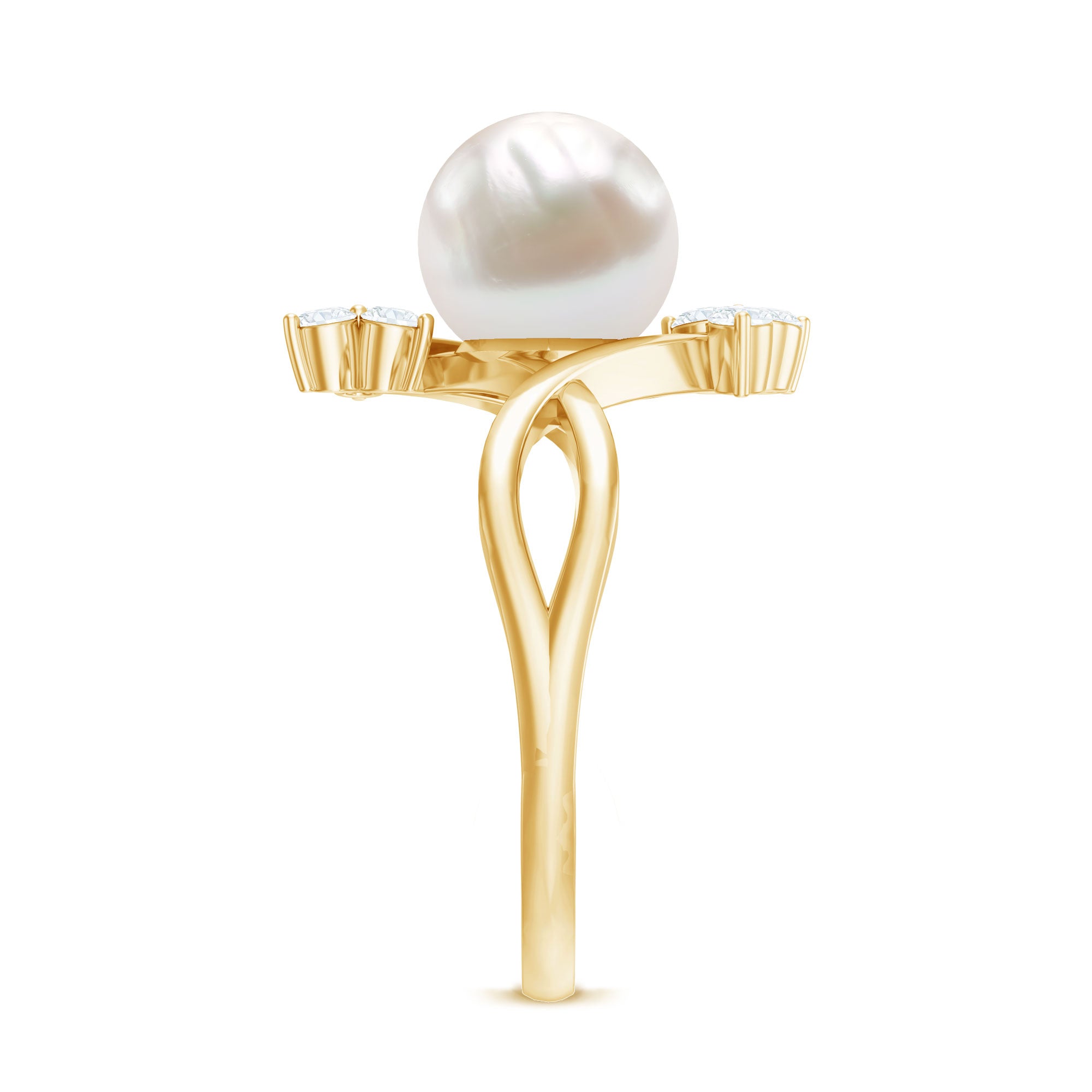 Rosec Jewels-Cultured 7.48 Carat White Pearl Bypass Engagement Ring with Diamond