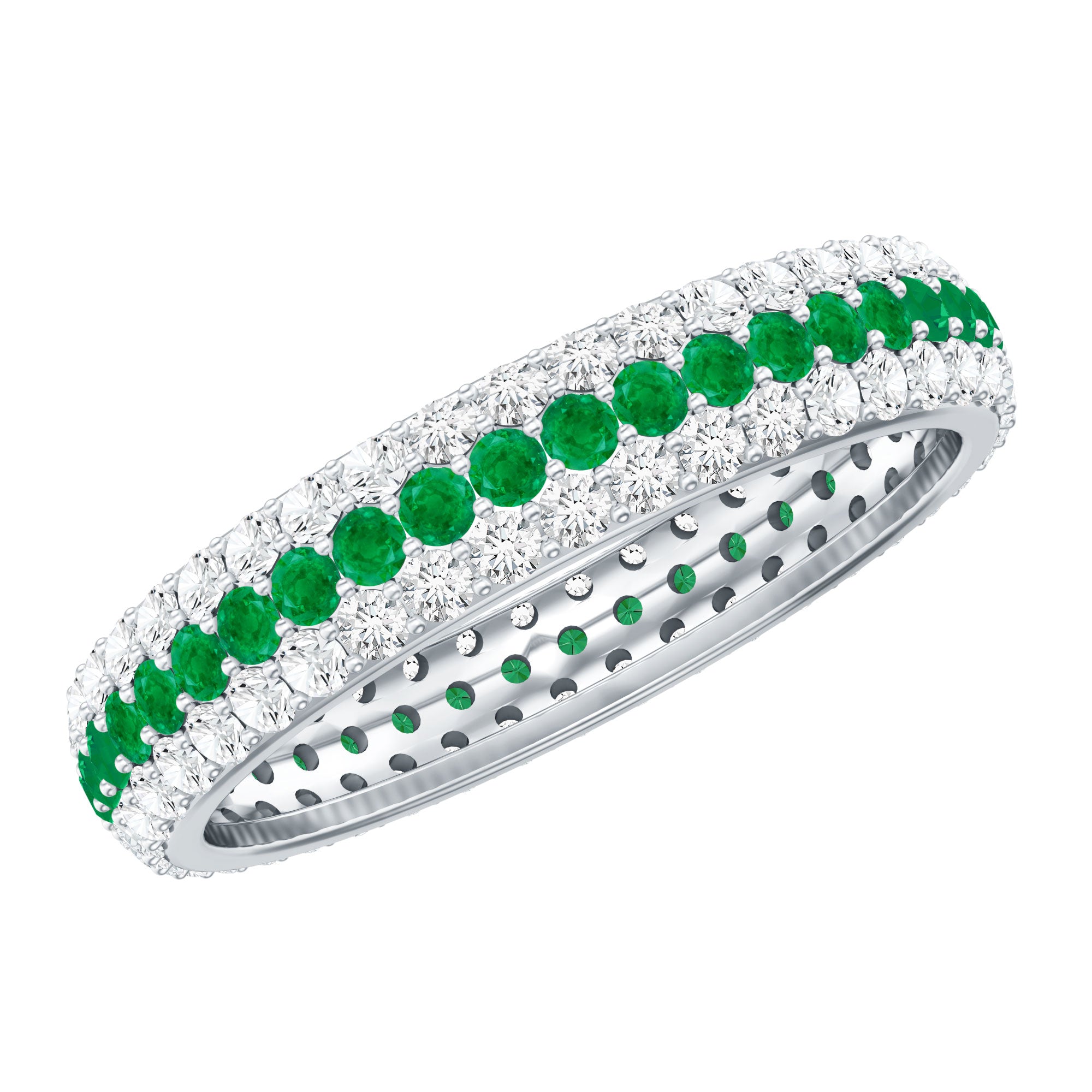 Genuine Emerald and Diamond Three Row Wedding Band AAA - Rosec Jewels
