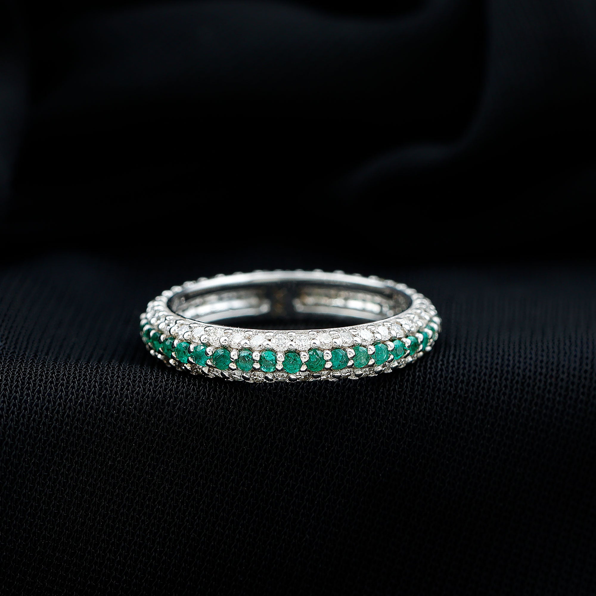 Genuine Emerald and Diamond Three Row Wedding Band AAA - Rosec Jewels
