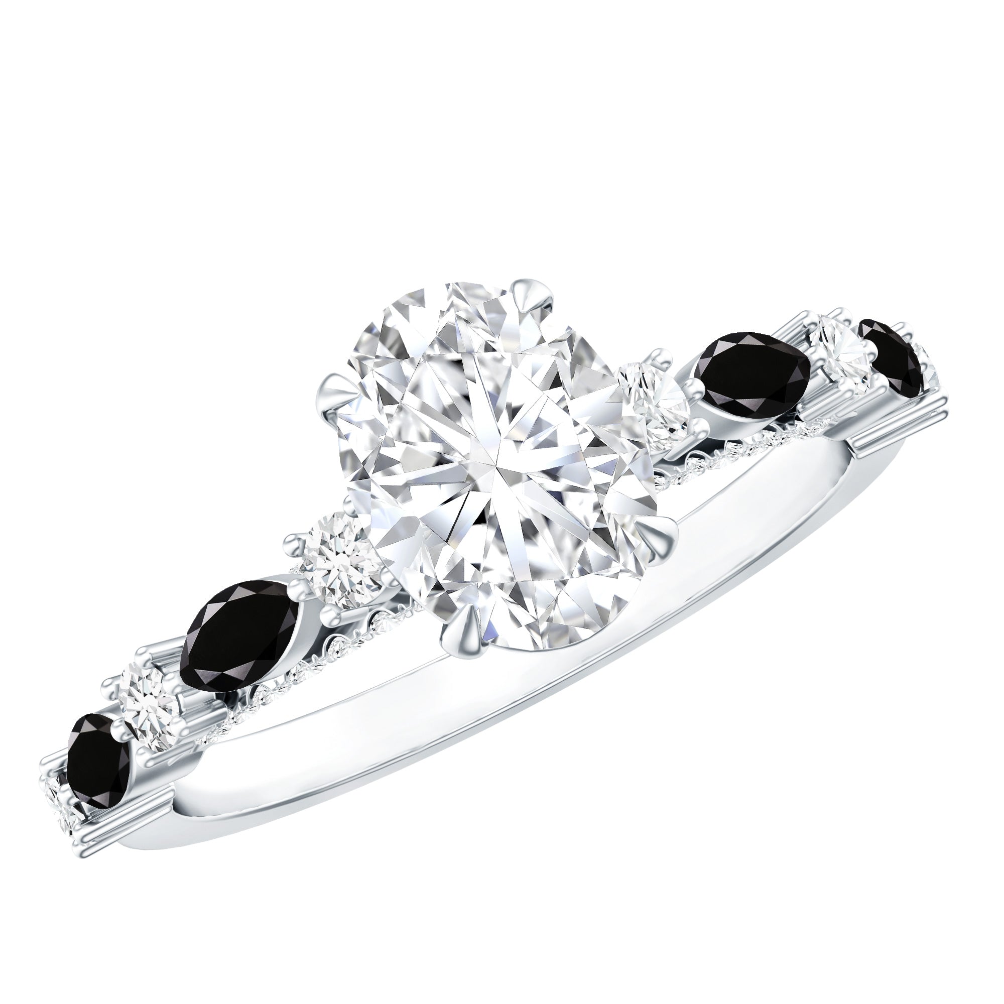 Certified Moissanite Oval Engagement Ring with Real Black Spinel AAA - Rosec Jewels