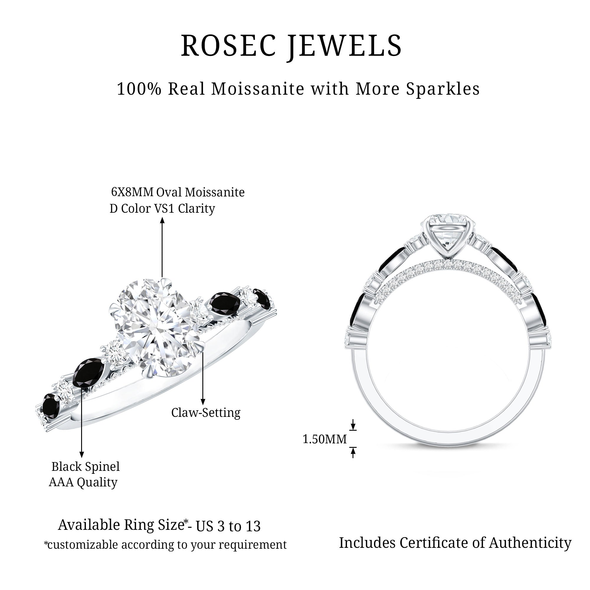 Certified Moissanite Oval Engagement Ring with Real Black Spinel AAA - Rosec Jewels