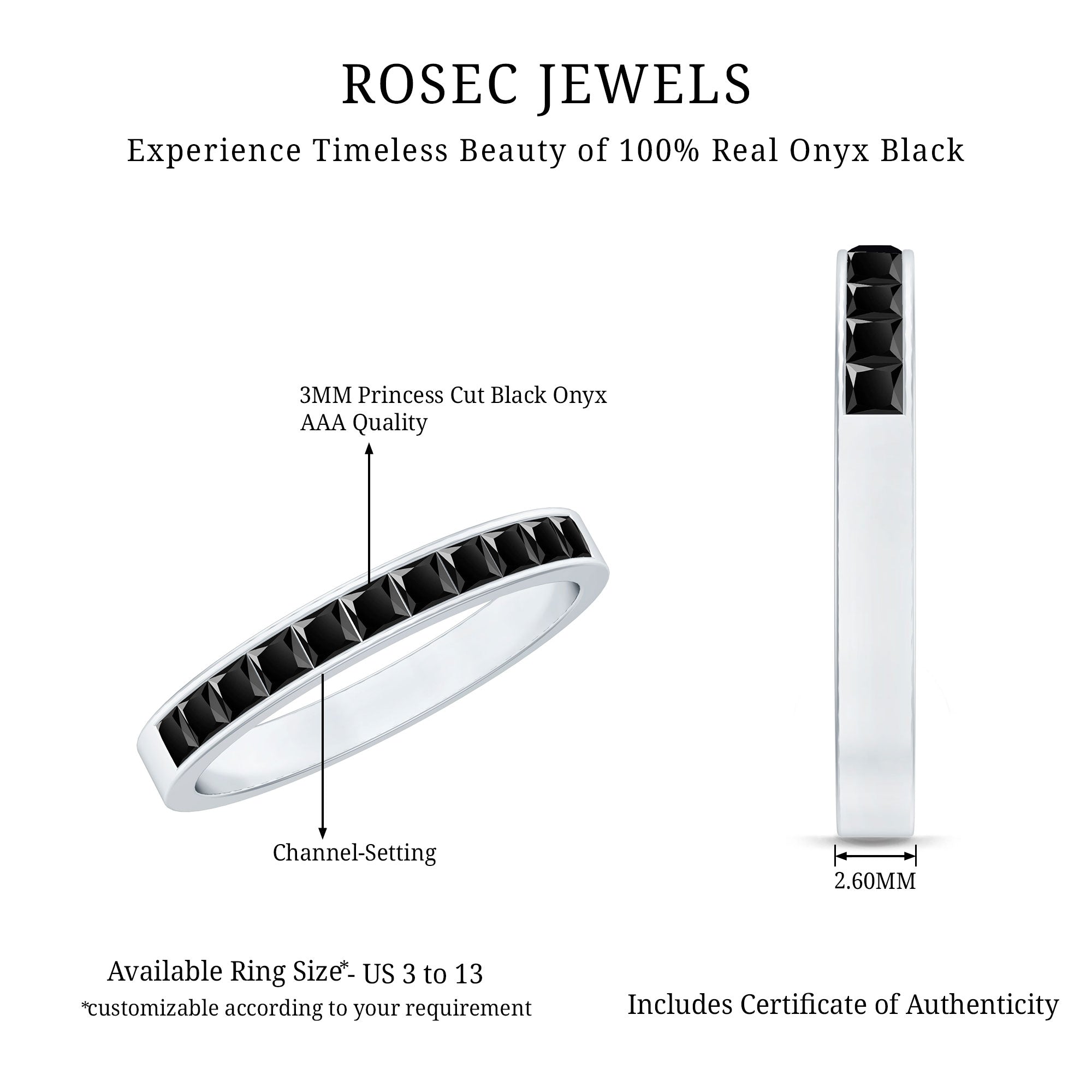 Princess Cut Black Onyx Half Eternity Band in Channel Setting AAA - Rosec Jewels