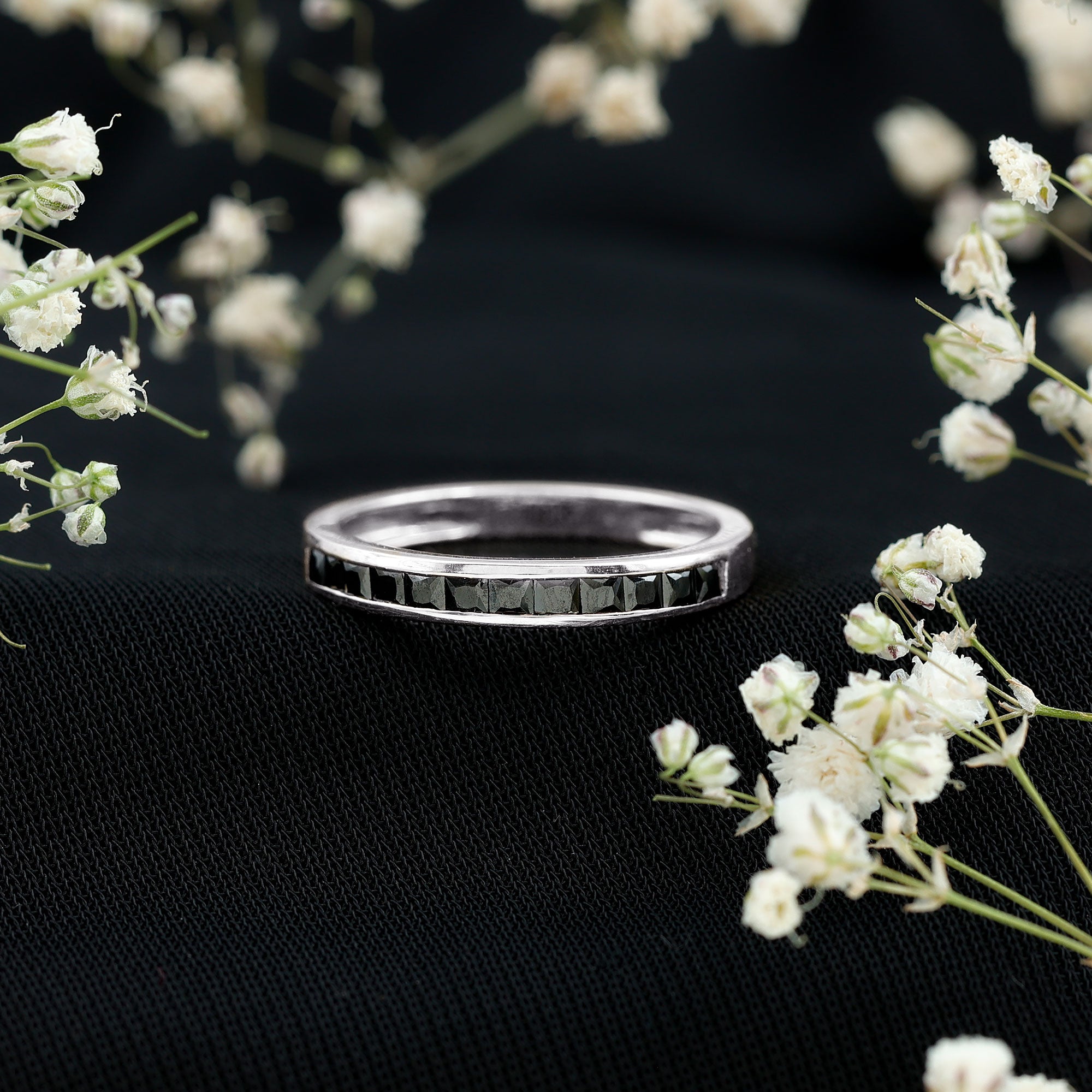 Princess Cut Black Onyx Half Eternity Band in Channel Setting AAA - Rosec Jewels