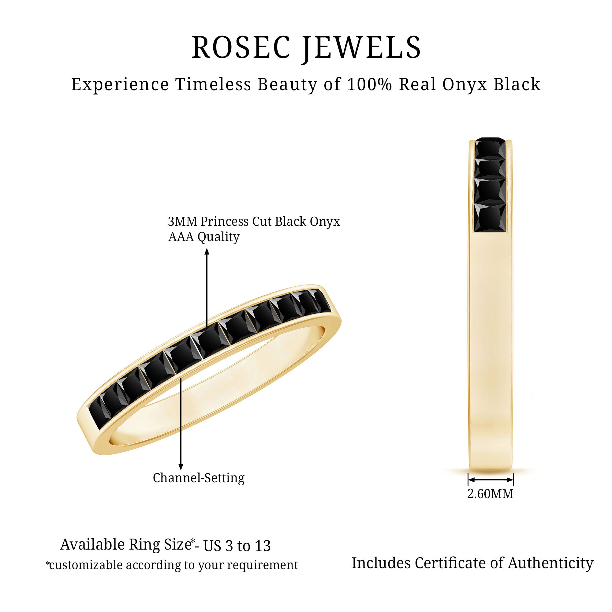 Princess Cut Black Onyx Half Eternity Band in Channel Setting AAA - Rosec Jewels