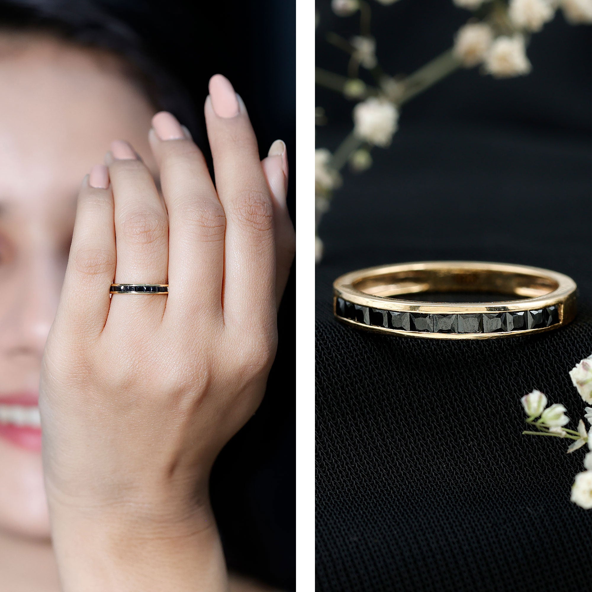 Princess Cut Black Onyx Half Eternity Band in Channel Setting AAA - Rosec Jewels