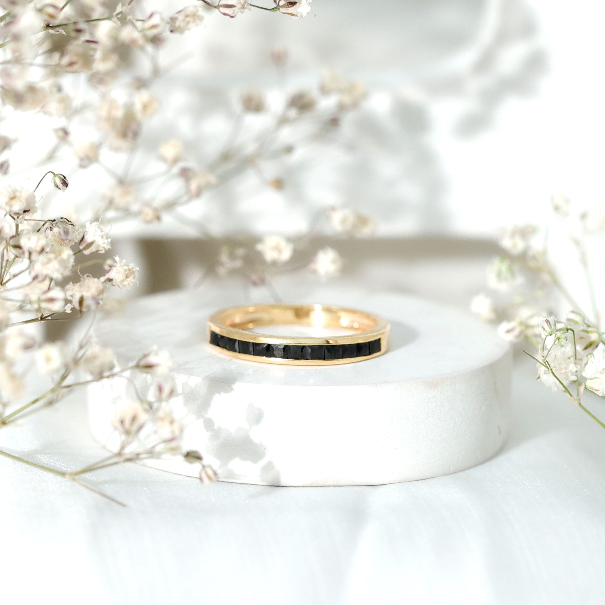 Princess Cut Black Onyx Half Eternity Band in Channel Setting AAA - Rosec Jewels