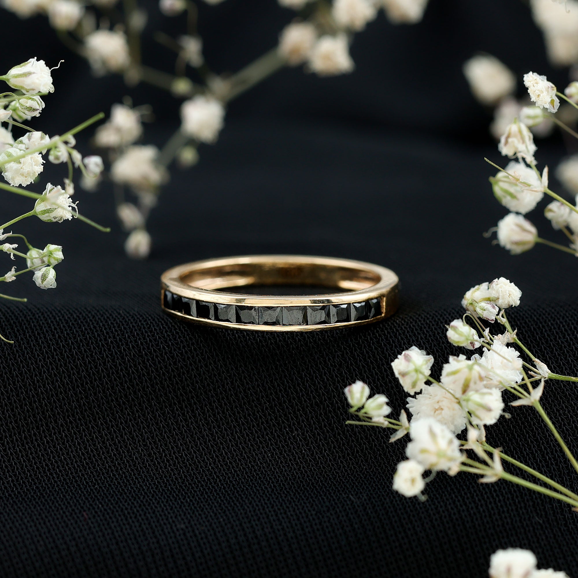 Princess Cut Black Onyx Half Eternity Band in Channel Setting AAA - Rosec Jewels