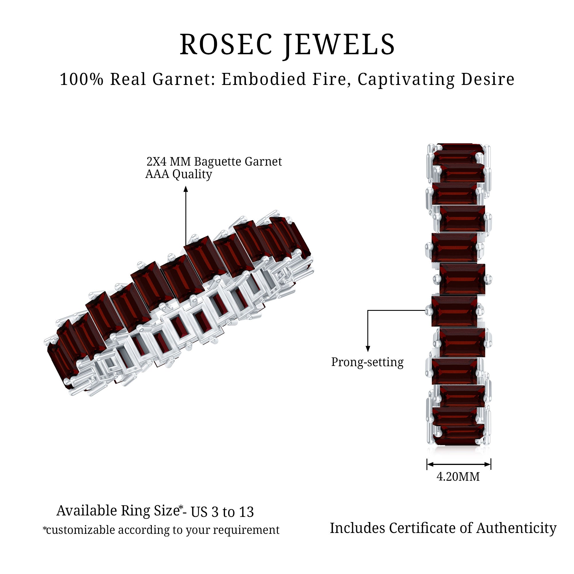 Real Garnet Baguette Eternity Ring with Certificate AAA - Rosec Jewels