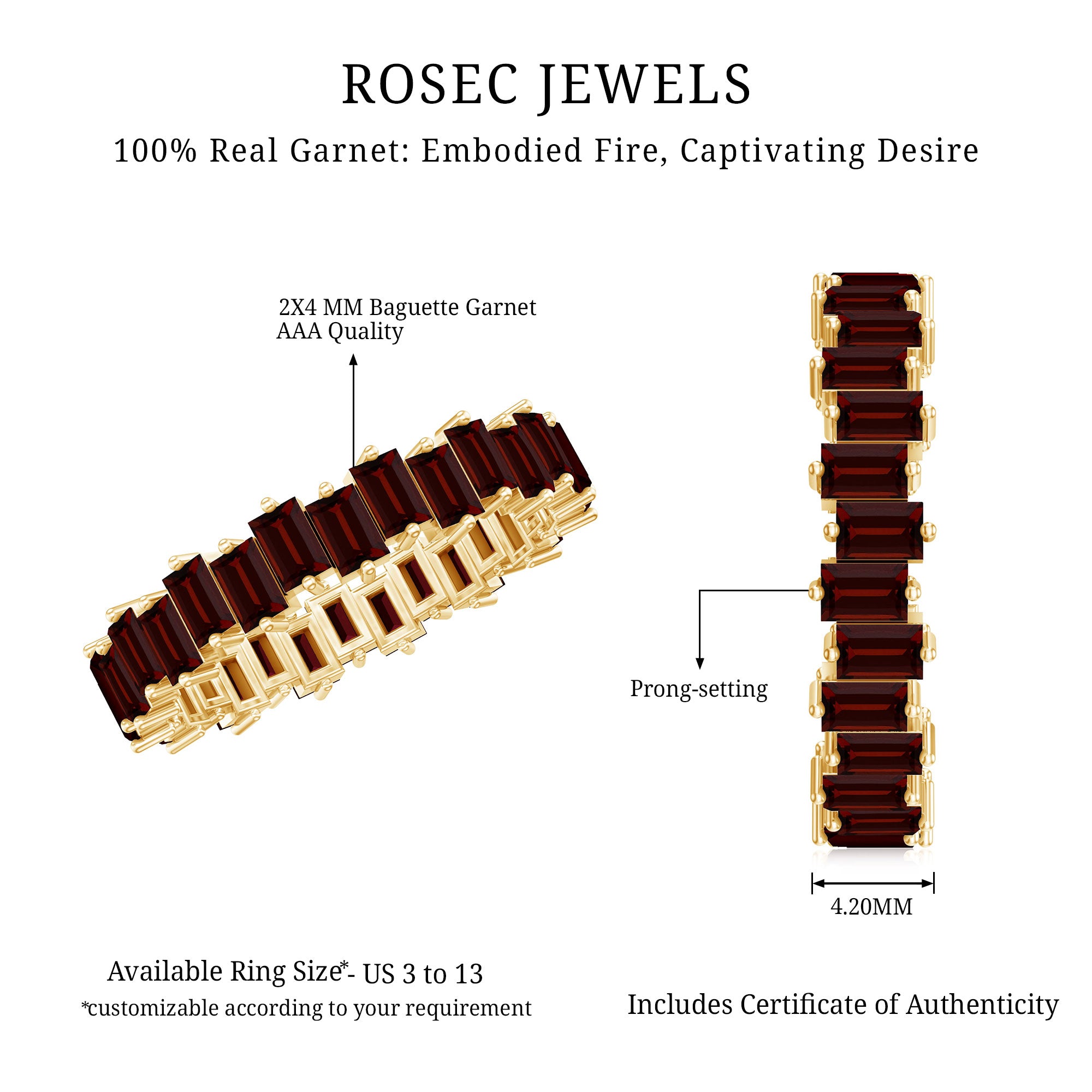 Real Garnet Baguette Eternity Ring with Certificate AAA - Rosec Jewels