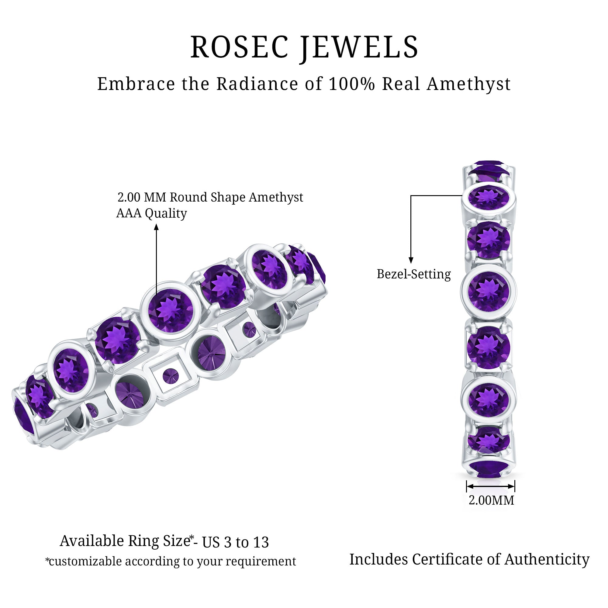 Natural Amethyst Eternity Wedding Band in Gold Plated Silver AAA 92.5 Sterling Silver - Rosec Jewels