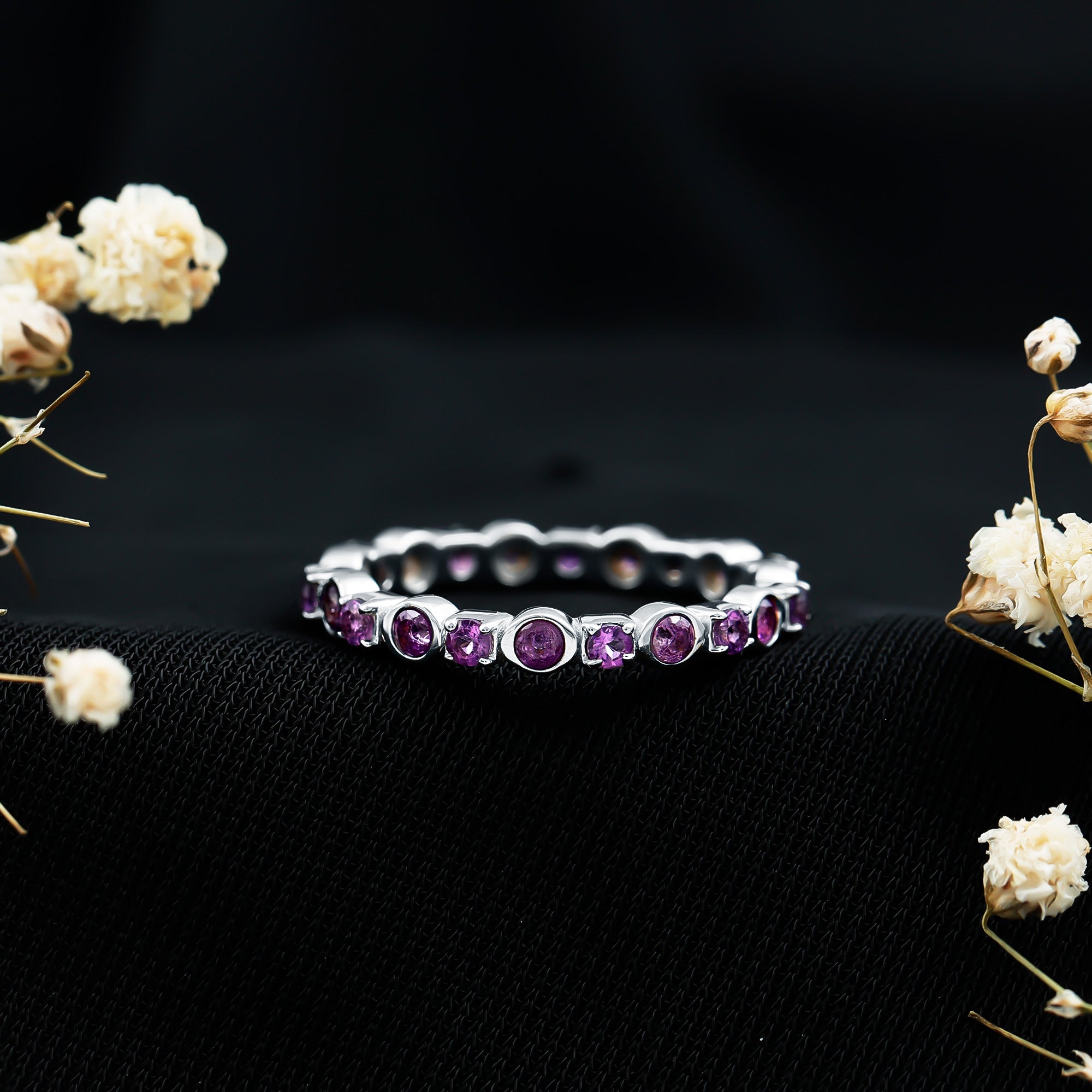 Natural Amethyst Eternity Wedding Band in Gold Plated Silver AAA 92.5 Sterling Silver - Rosec Jewels