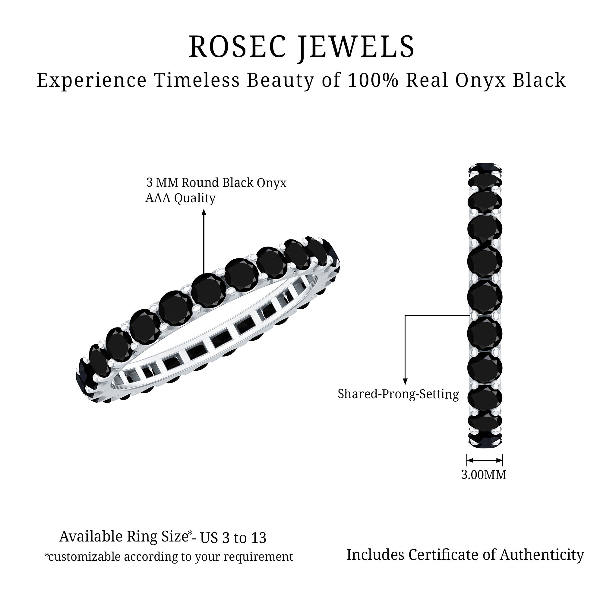 Certified Black Onyx Stackable Wedding Band for Women AAA - Rosec Jewels