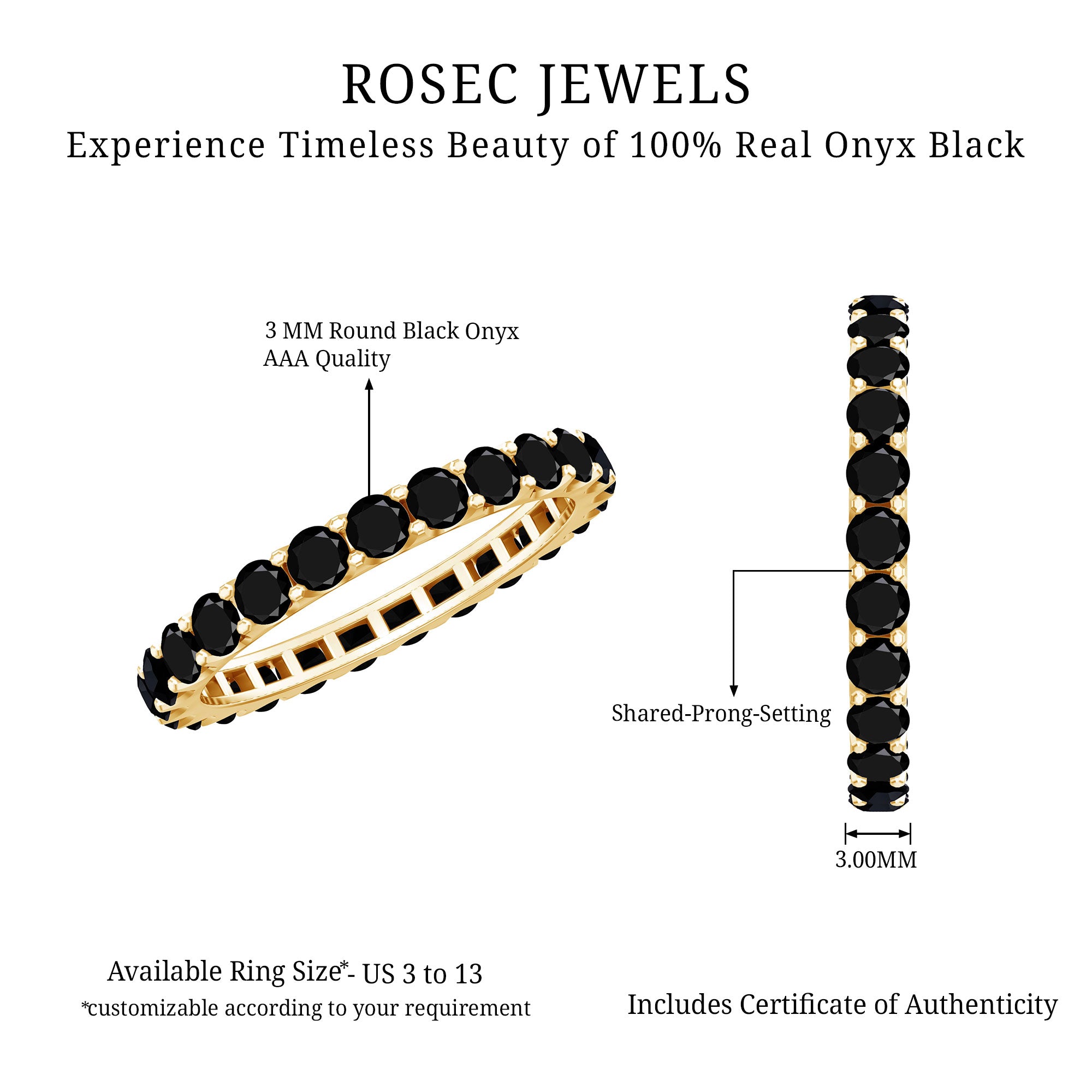 Certified Black Onyx Stackable Wedding Band for Women AAA - Rosec Jewels