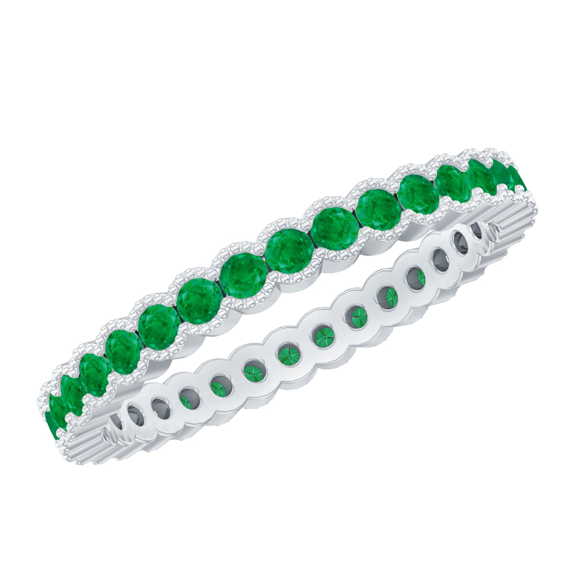 Beaded Bezel Set Emerald Full Eternity Stackable Ring AAA - Rosec Jewels