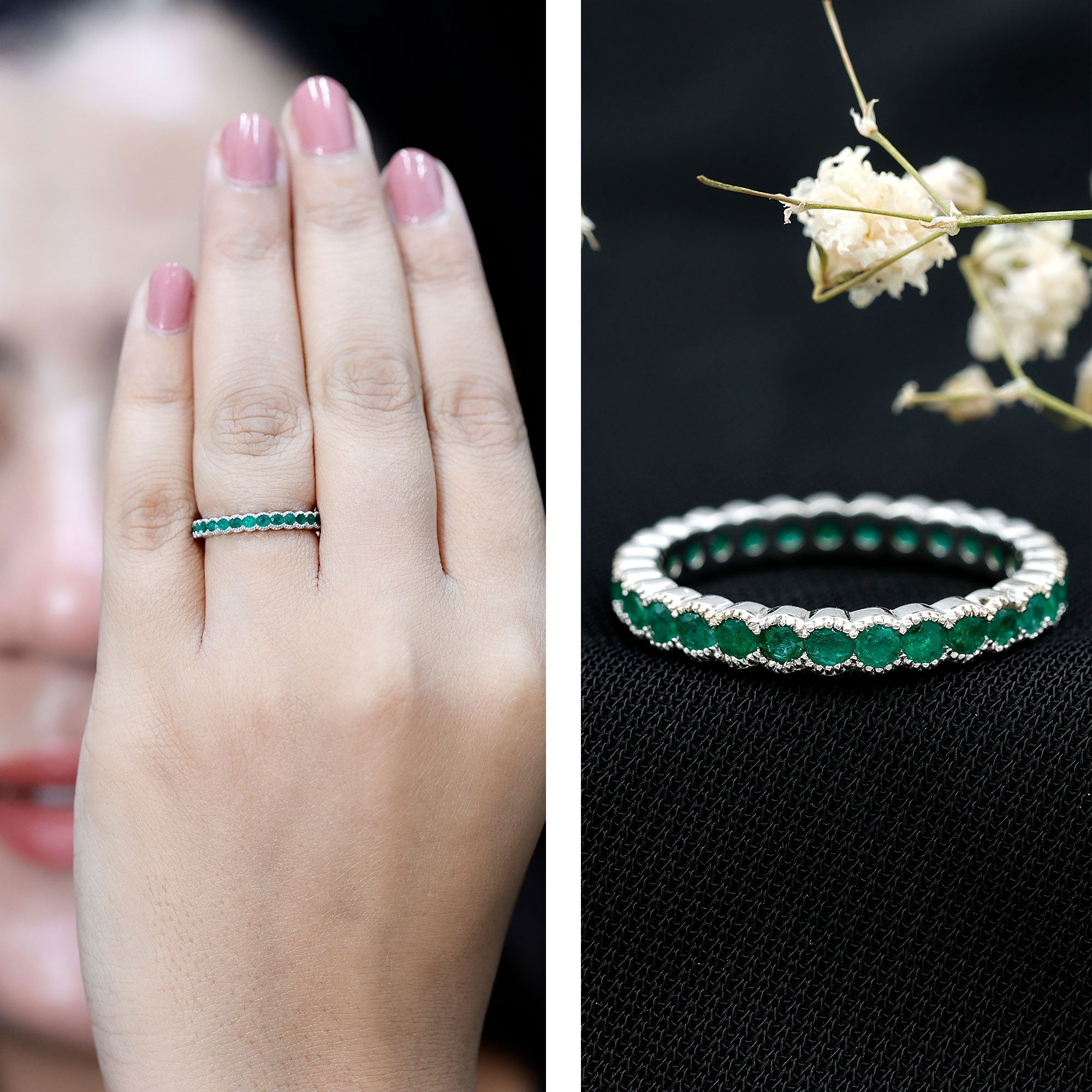 Beaded Bezel Set Emerald Full Eternity Stackable Ring AAA - Rosec Jewels